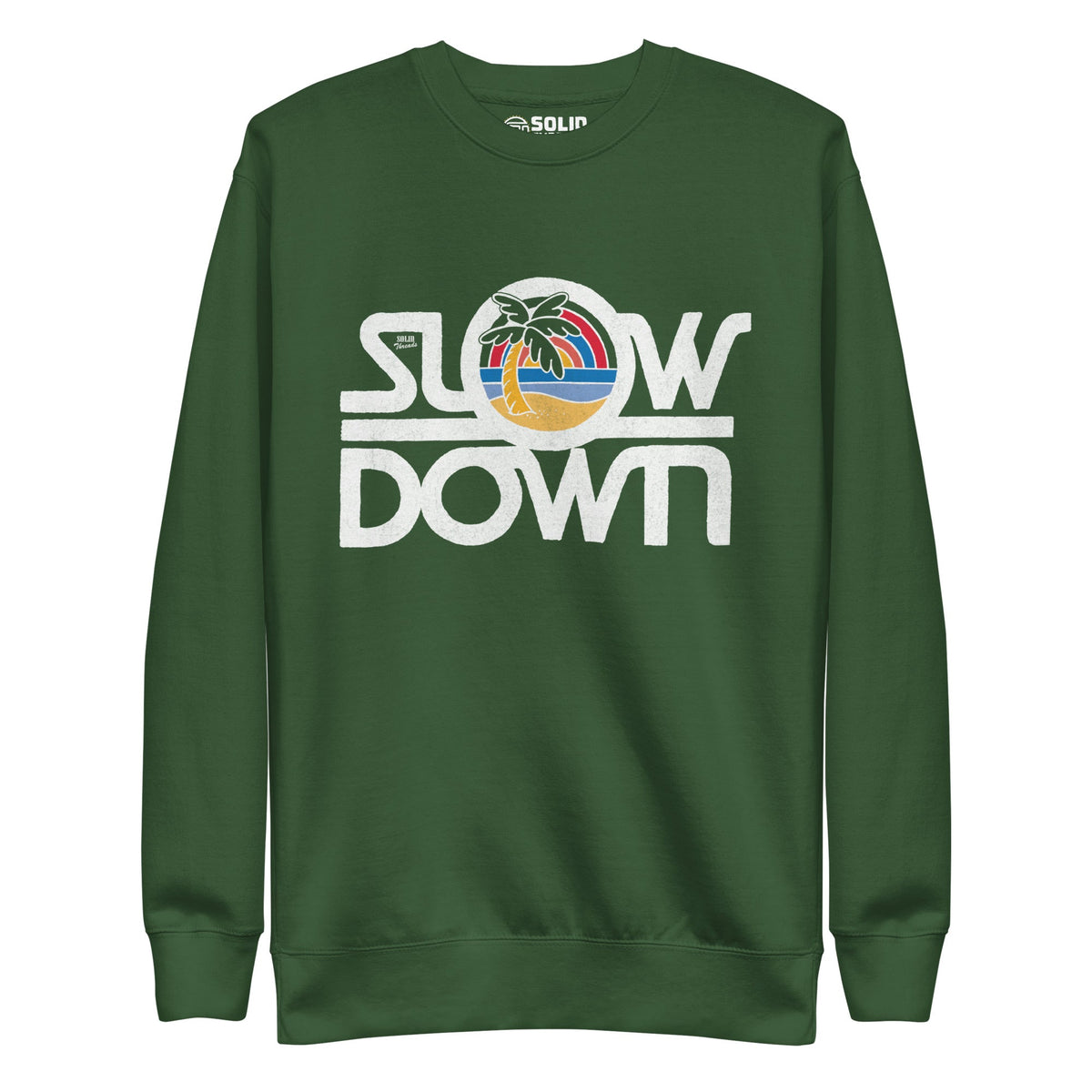 Men&#39;s Slow Down Vintage Classic Sweatshirt | Cool Tropical Beach Fleece | Solid Threads