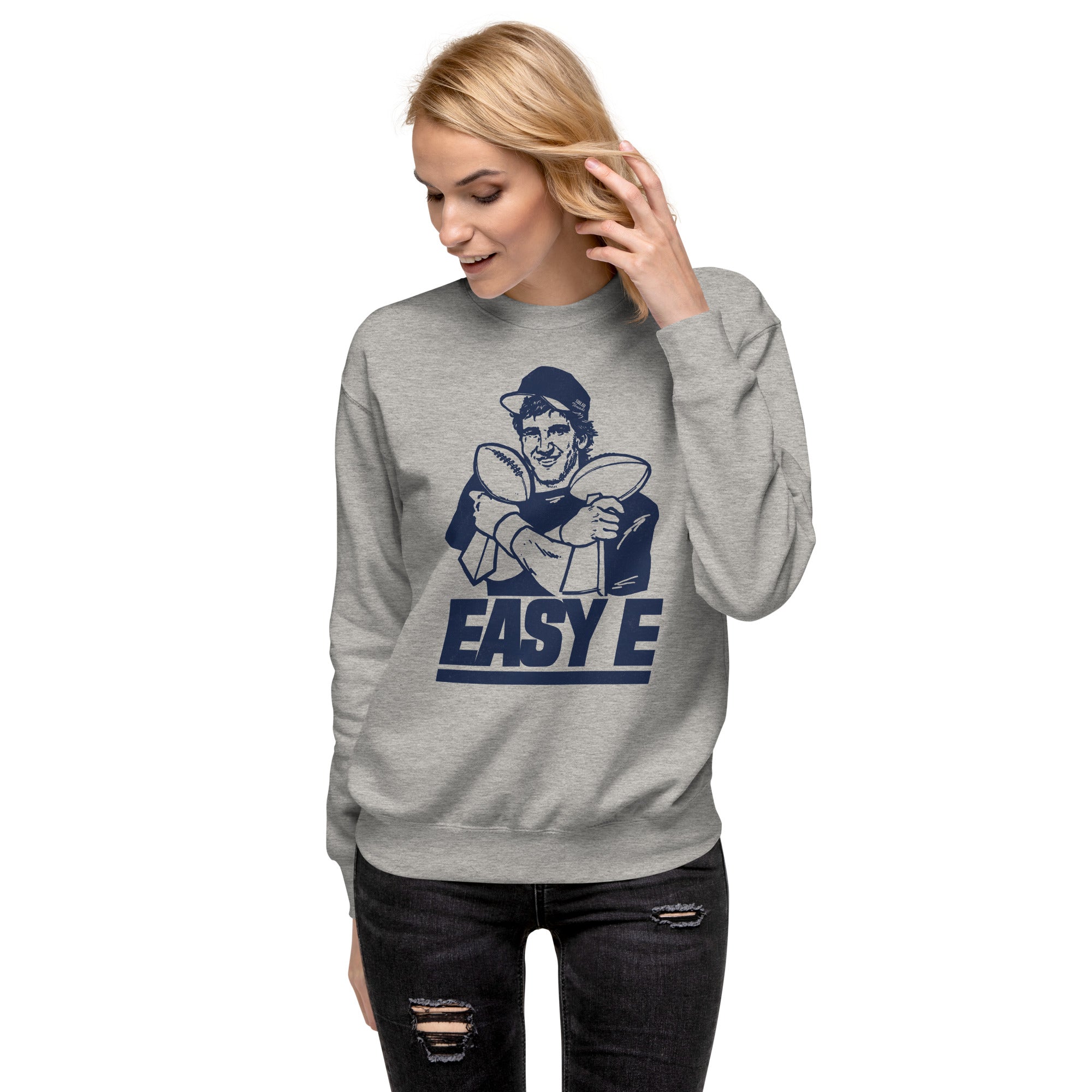 Women's Easy E Vintage Classic Sweatshirt | Funny Ny Giants Fleece On Model | Solid Threads