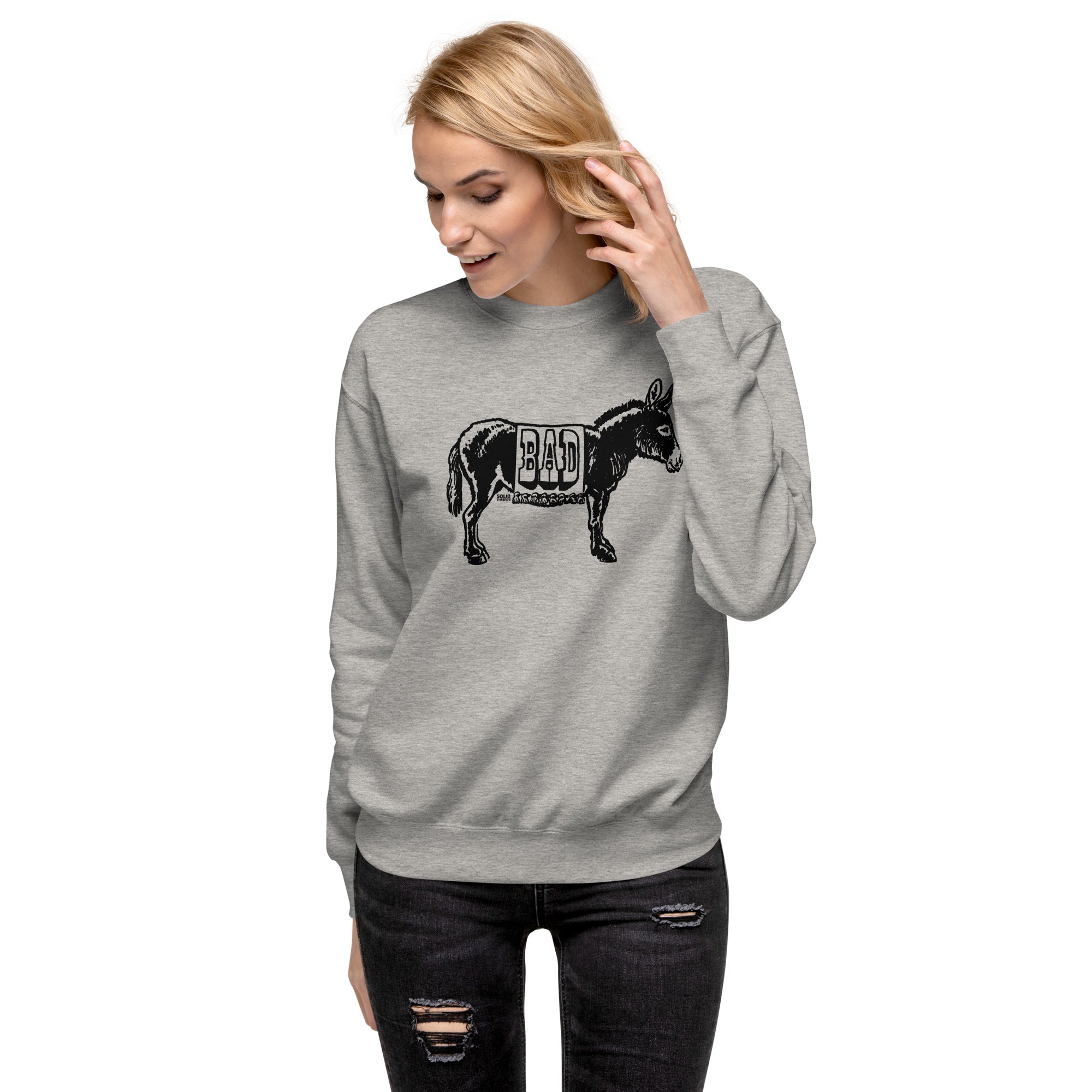 Women's Bad Ass Funny Classic Sweatshirt | Cool Donkey Pun Fleece On Model | Solid Threads