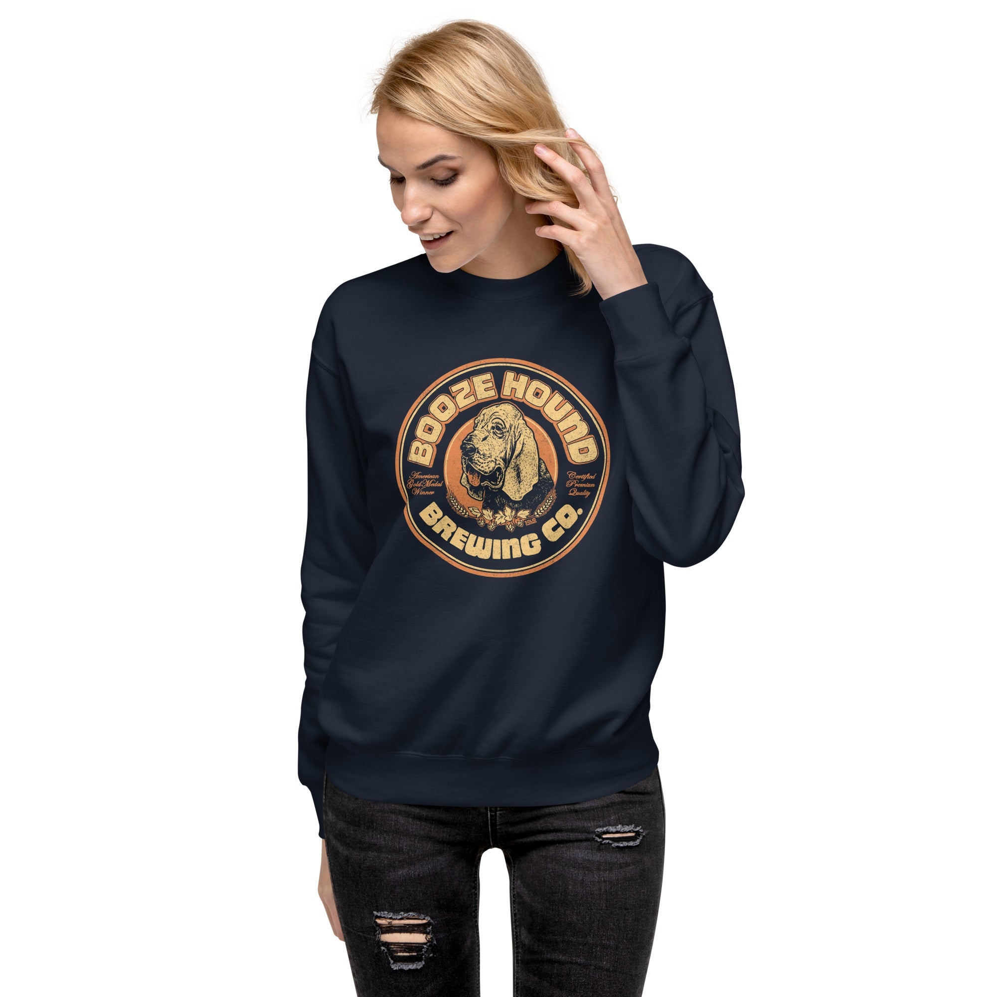 Men's Boozehound Brewing Co. Vintage Classic Sweatshirt | Funny Drinking Fleece On Model | Solid Threads