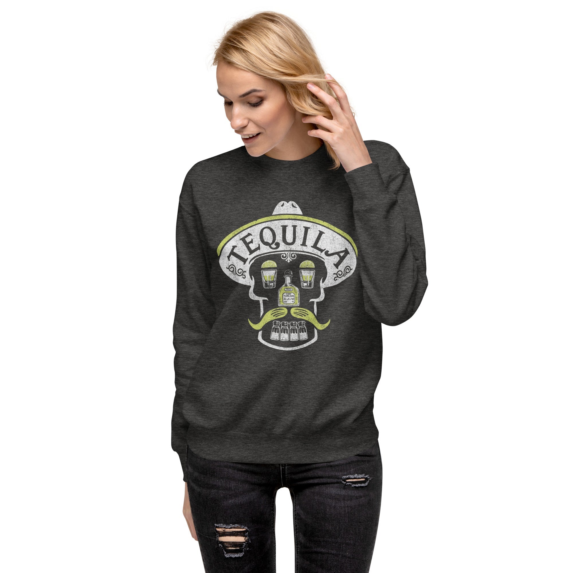 Women's Tequila Skull Vintage Classic Sweatshirt | Cool Drinking Fleece On Model | Solid Threads