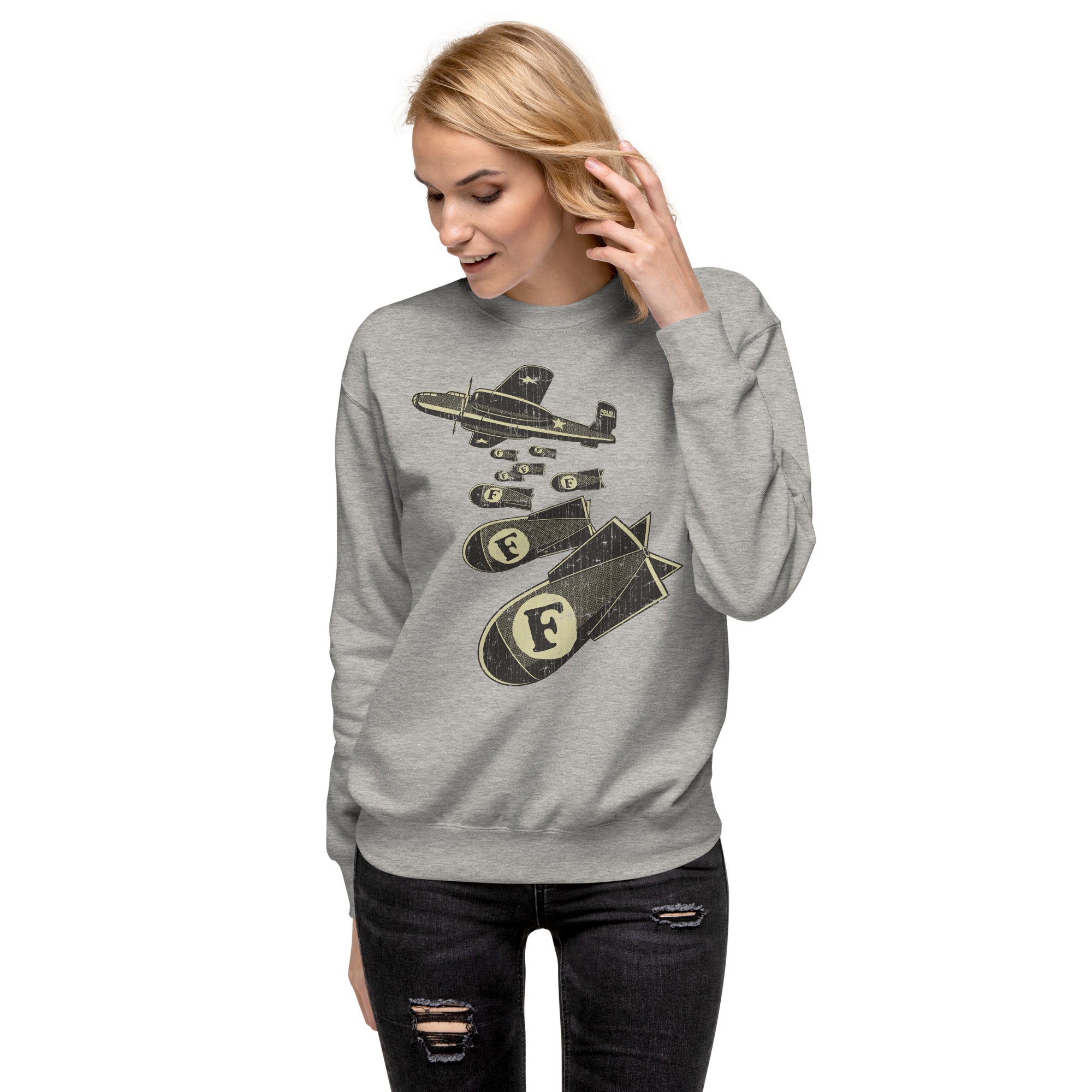 Women's F Bombs Funny Classic Sweatshirt | Vintage Swearing Pun Fleece On Model | Solid Threads