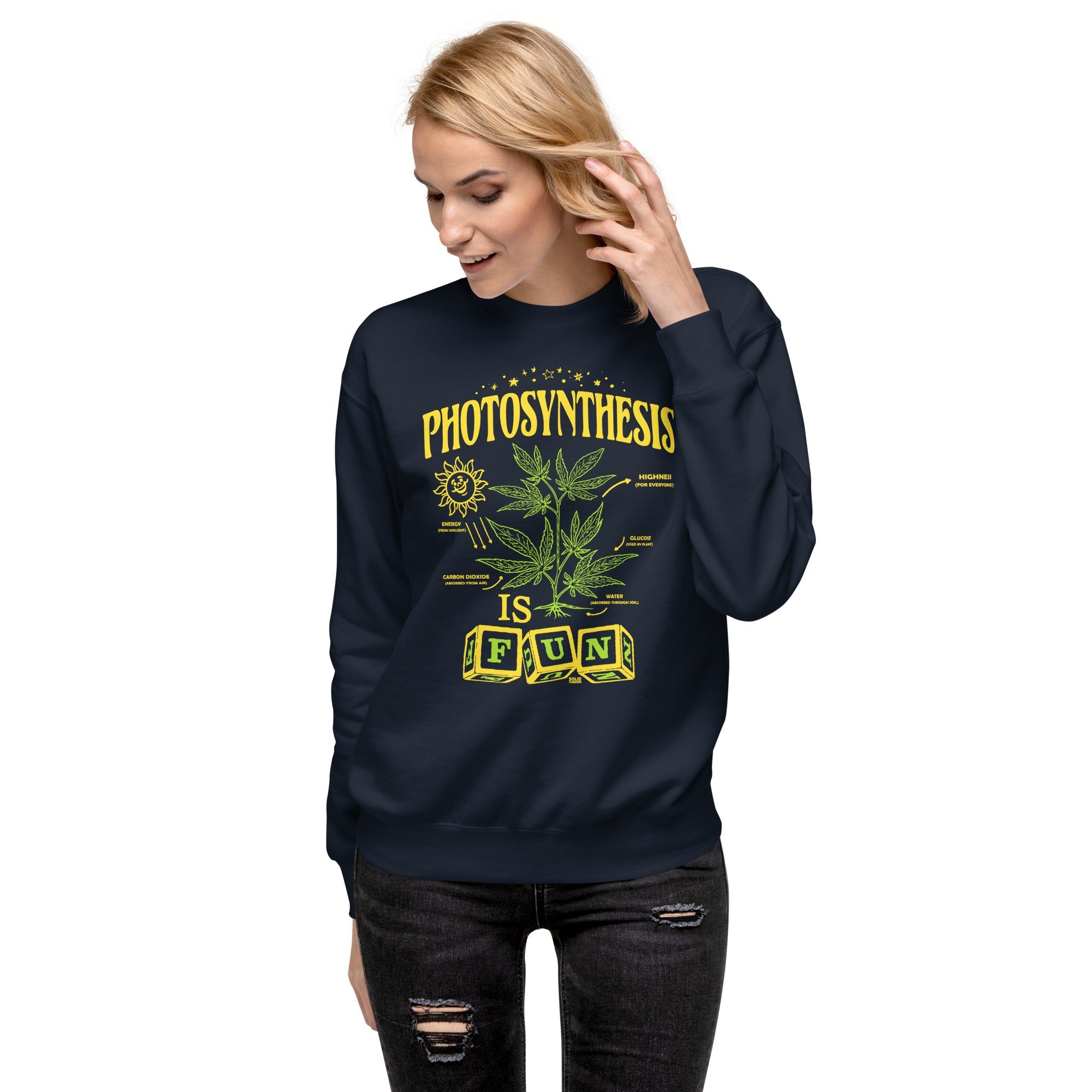 Women's Photosynthesis Is Fun Vintage Classic Sweatshirt | Funny Marijuana Fleece On Model | Solid Threads