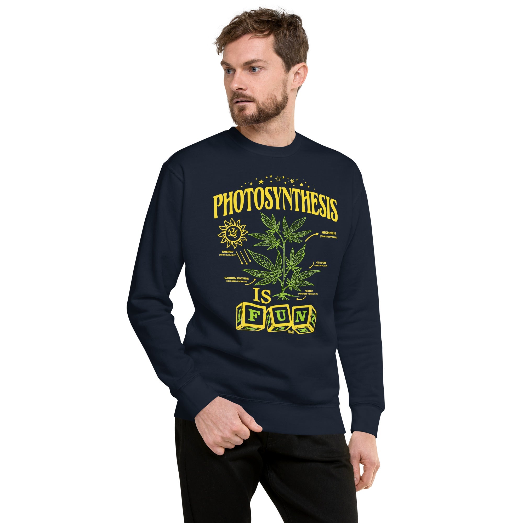Men's Photosynthesis Is Fun Vintage Classic Sweatshirt | Funny Marijuana Fleece On Model | Solid Threads