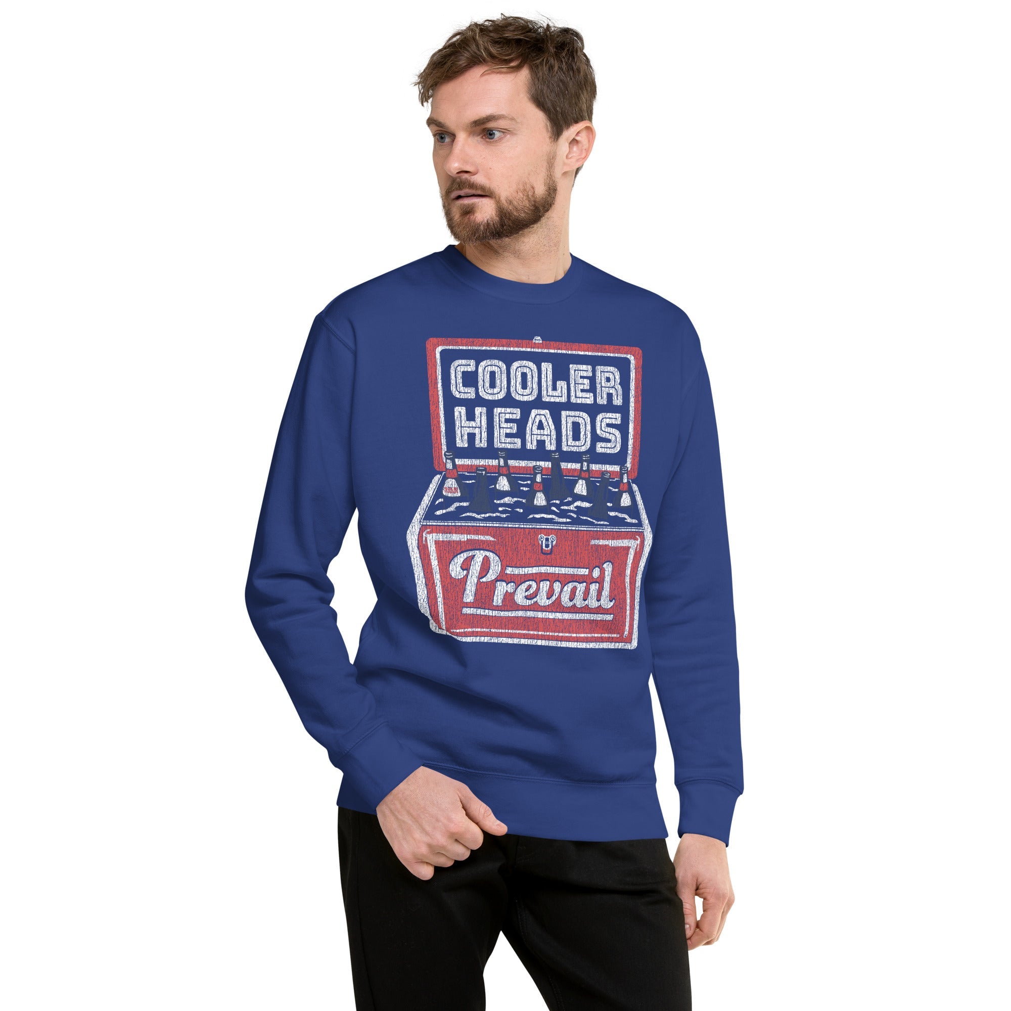 Unisex Cooler Heads Vintage Classic Sweatshirt | Funny Drinking Fleece on Model | Solid Threads