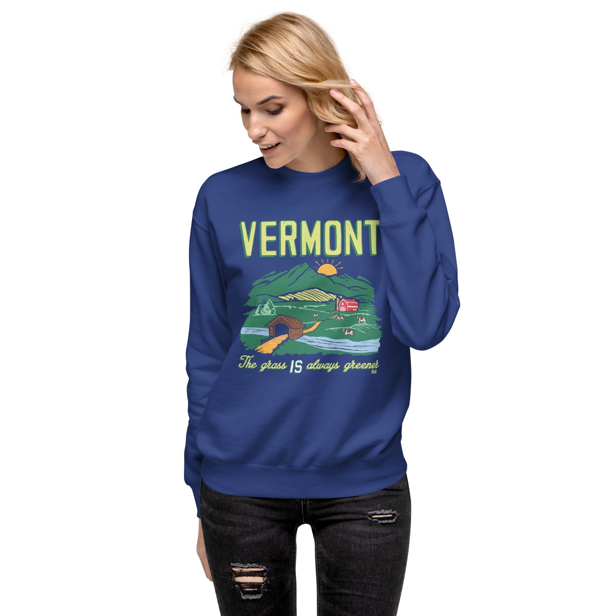 Women's Vermont The Grass Is Always Greener Cool Classic Sweatshirt | Vintage Green Mountains Fleece On Model | Solid Threads