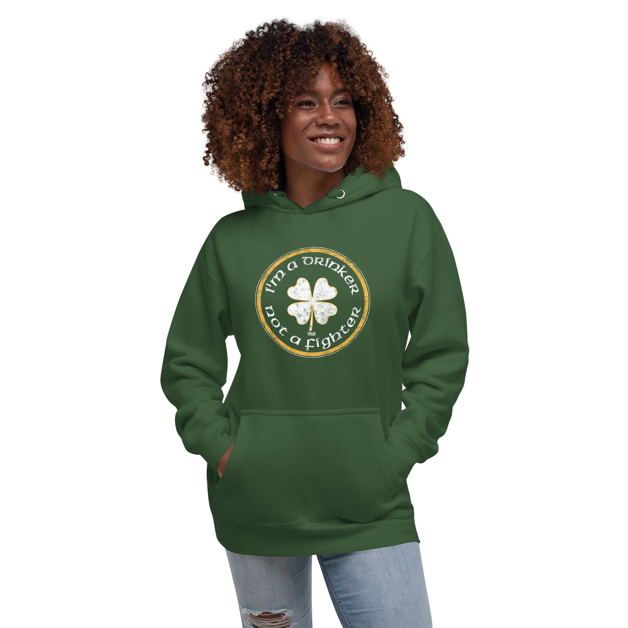 I'm A Drinker Not A Fighter Vintage Classic Pullover Hoodie | Funny St Paddy's Fleece On Model | Solid Threads