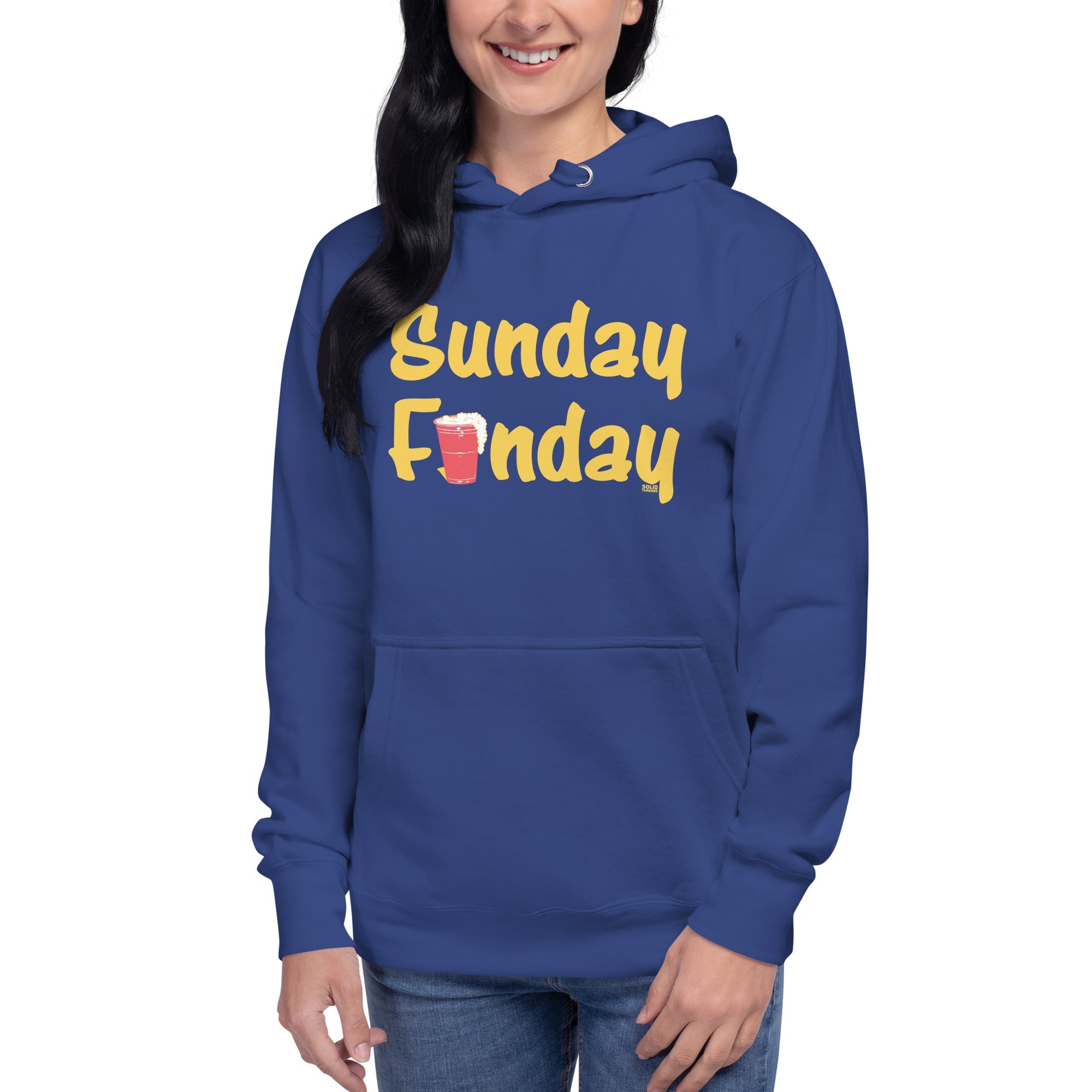 Unisex Sunday Funday Vintage Classic Pullover Hoodie | Funny Drinking Fleece On Model | Solid Threads