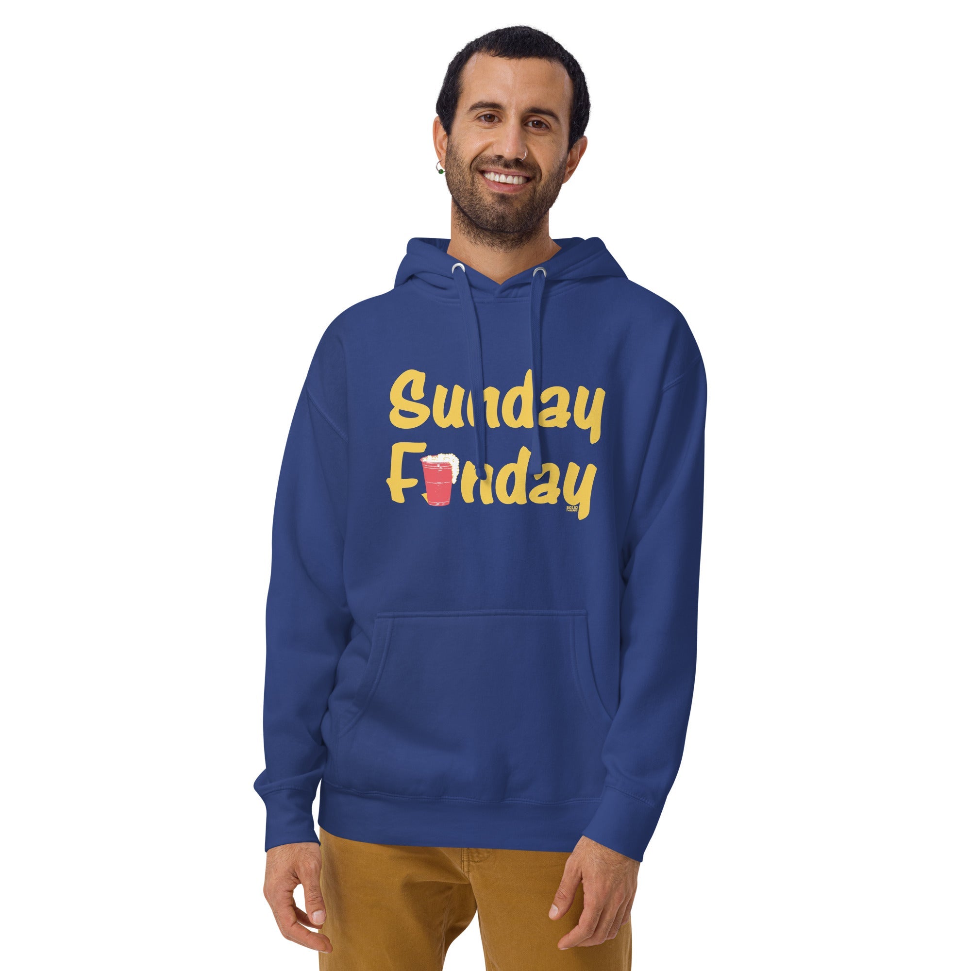 Unisex Sunday Funday Vintage Classic Pullover Hoodie | Funny Drinking Fleece On Model | Solid Threads