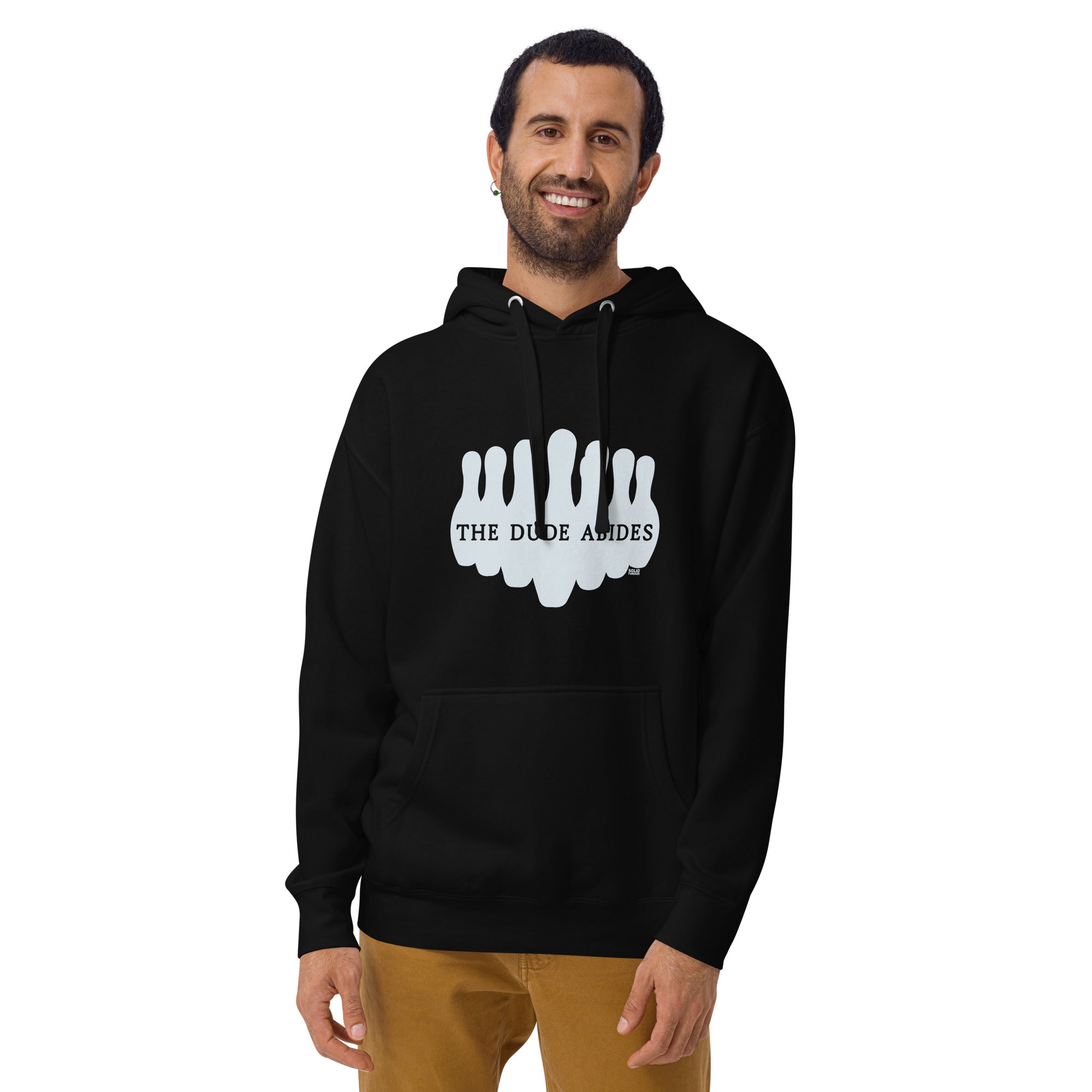 The Dude Abides Cool Classic Pullover Hoodie | Retro Big Lebowski Fleece On Model | Solid Threads