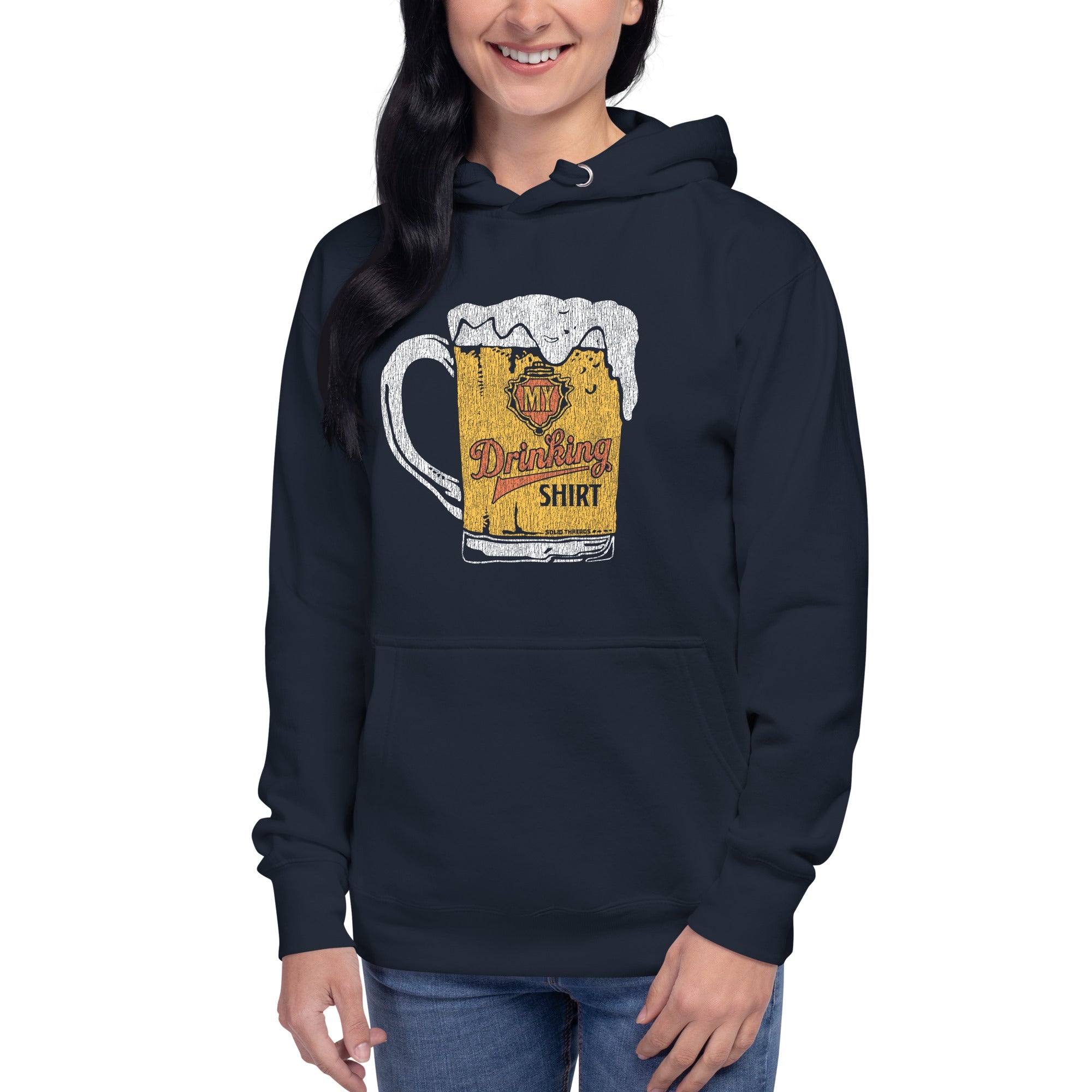 My Drinking Shirt Retro Classic Pullover Hoodie | Funny Pints Fleece on Model | Solid Threads