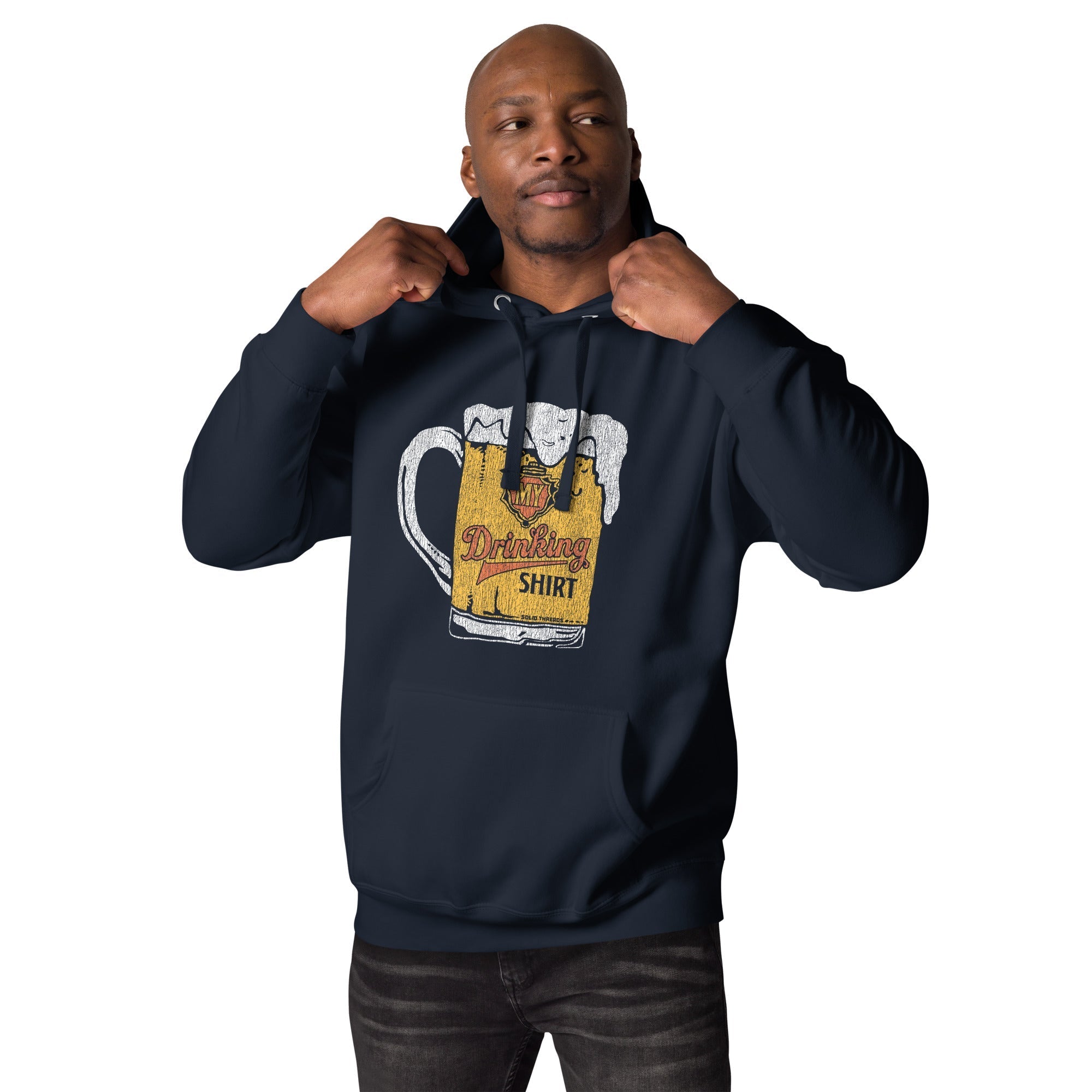 My Drinking Shirt Retro Classic Pullover Hoodie | Funny Pints Fleece on Model | Solid Threads