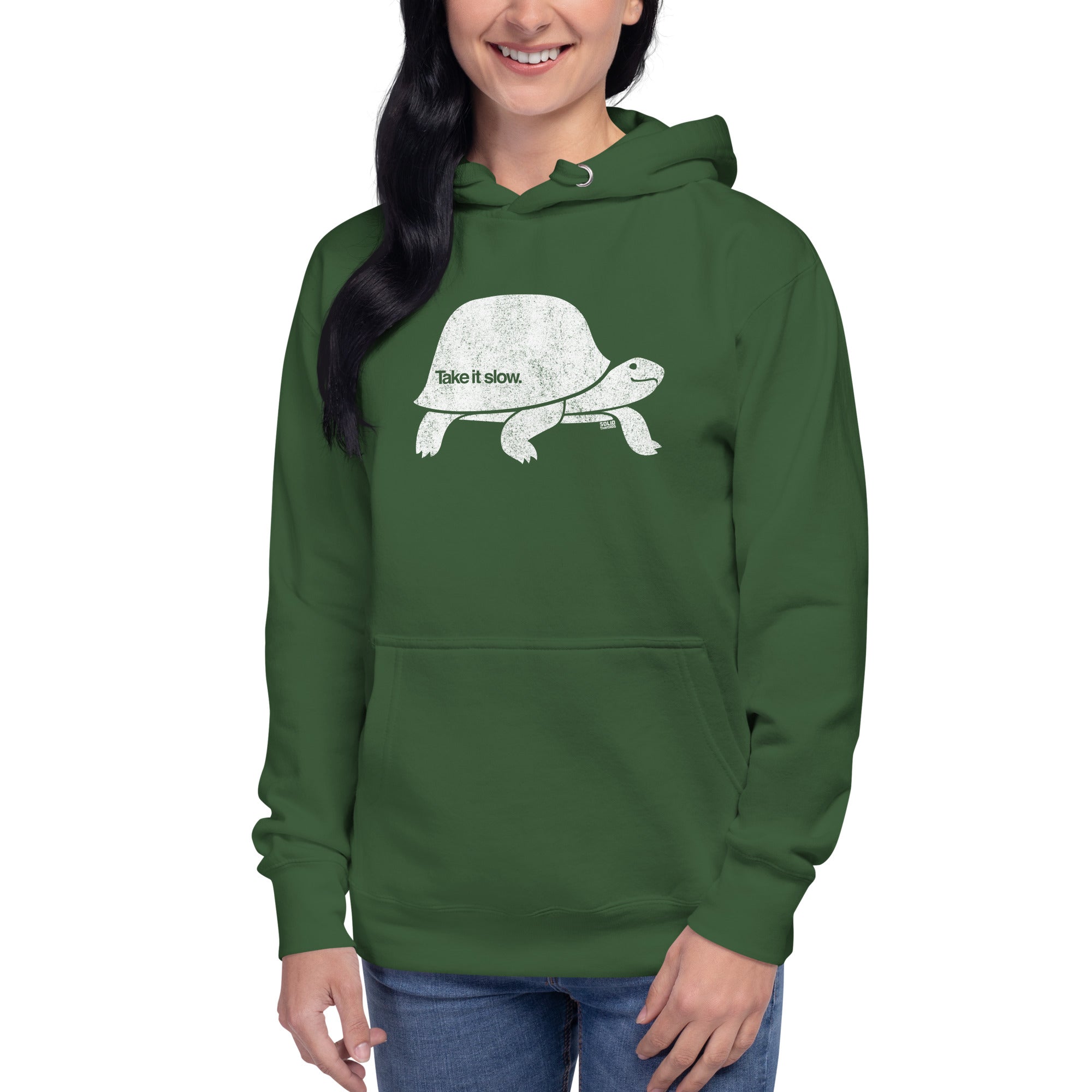 Take It Slow Vintage Classic Pullover Hoodie | Cool Turtle Fleece On Model | Solid Threads