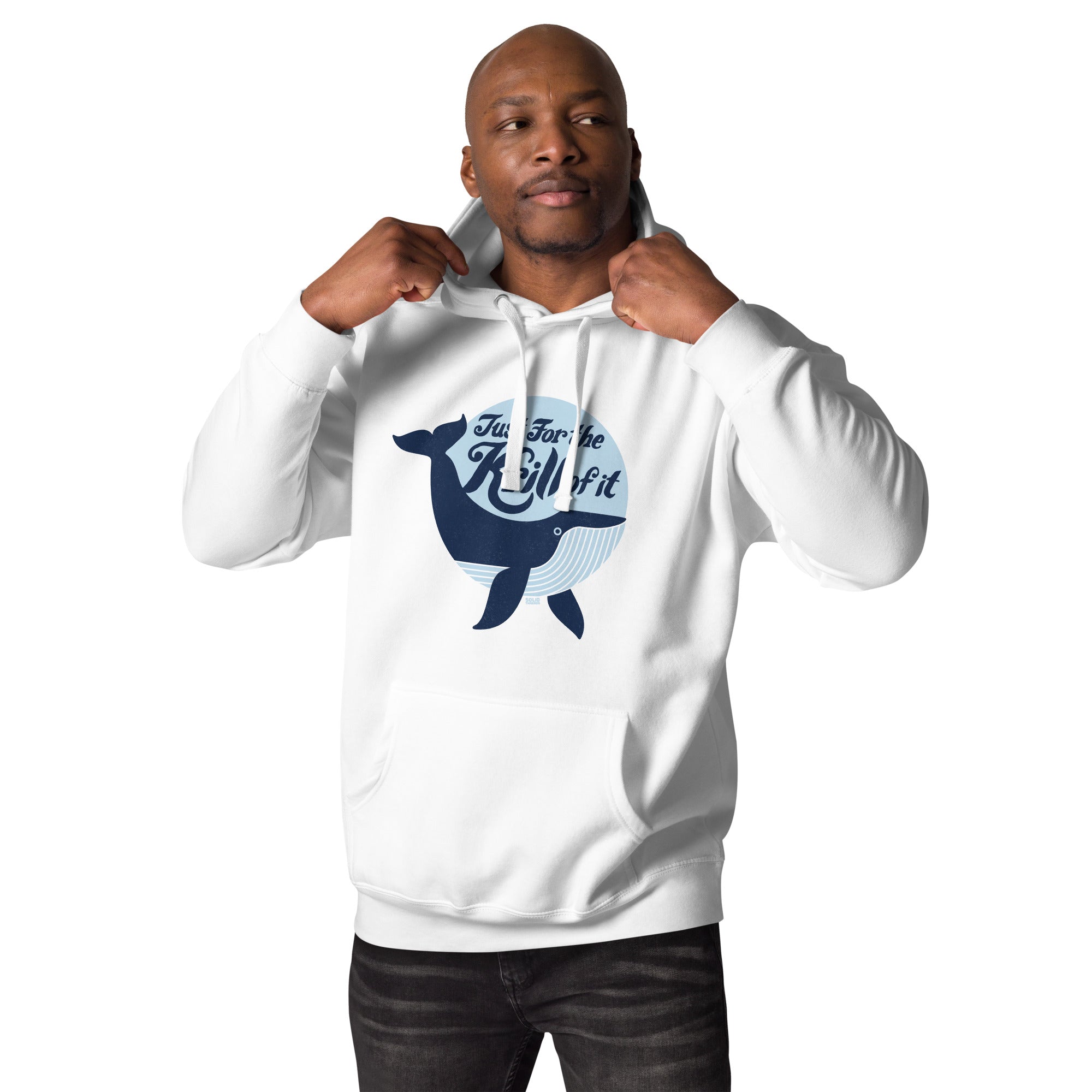 Just For The Krill Of It Retro Classic Pullover Hoodie | Funny Whale Fleece On Model | Solid Threads