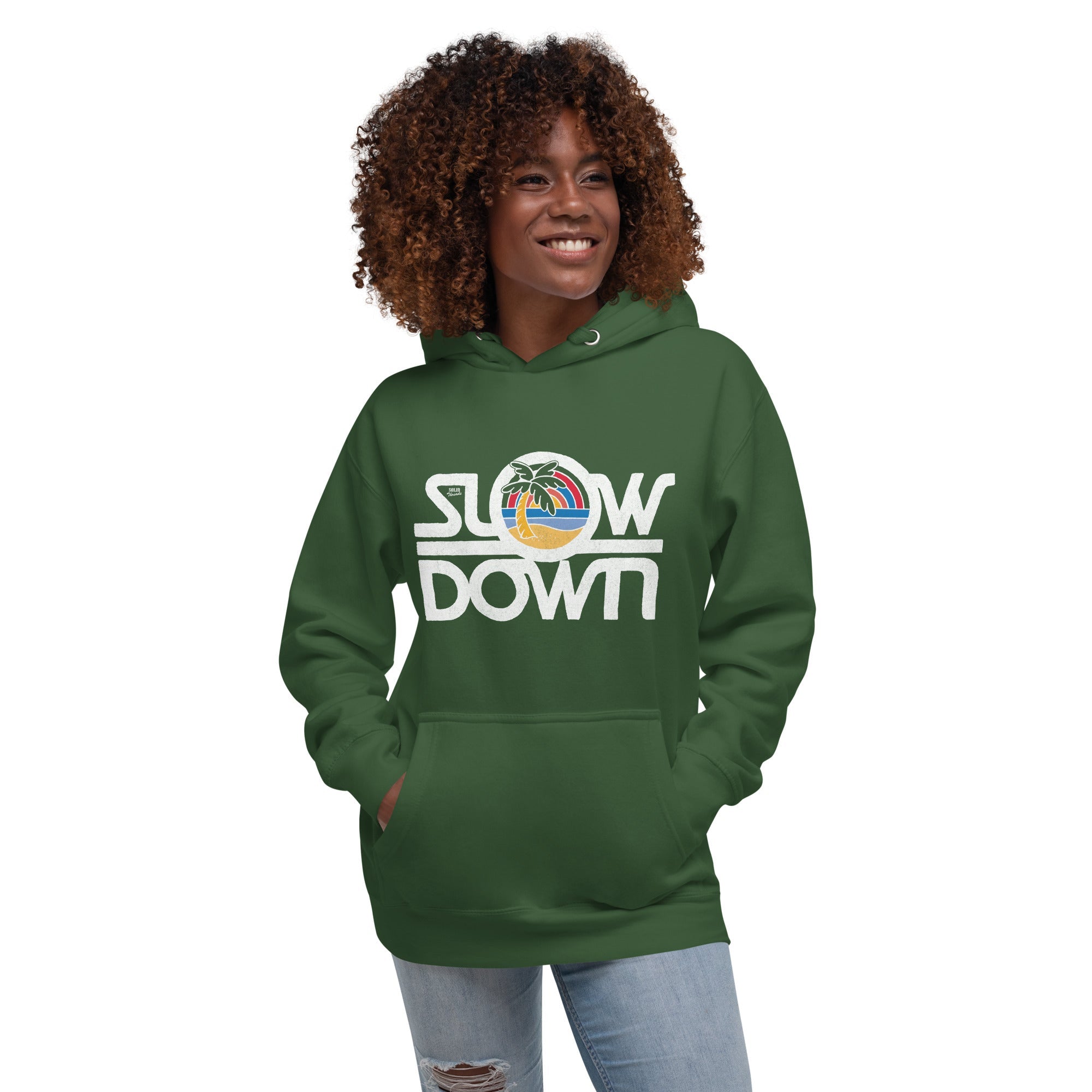 Unisex Slow Down Vintage Classic Pullover Hoodie | Cool Tropical Beach Fleece On Model | Solid Threads