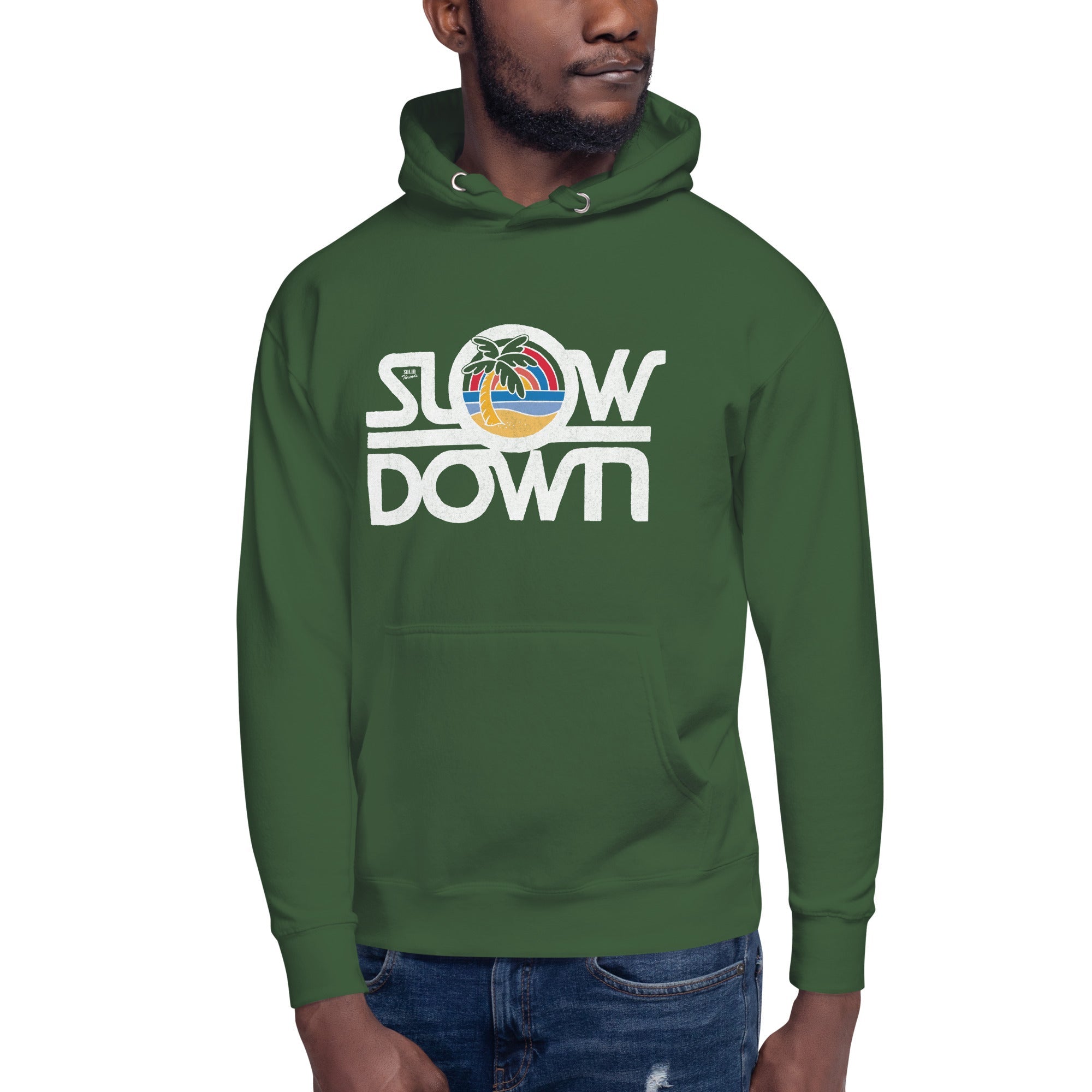 Unisex Slow Down Vintage Classic Pullover Hoodie | Cool Tropical Beach Fleece On Model | Solid Threads