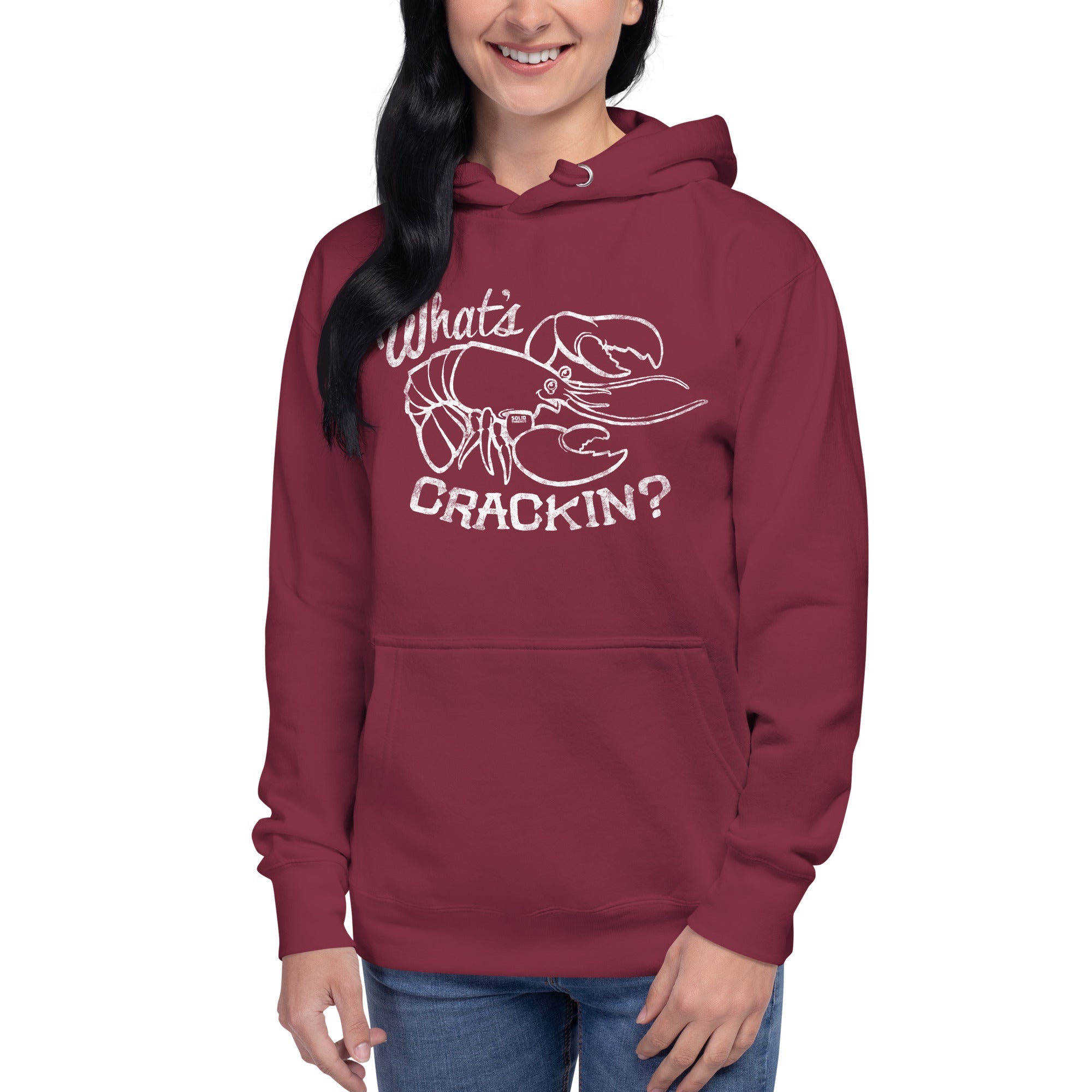 Unisex What's Crackin Funny Classic Pullover Hoodie | Vintage Crawfish Fleece On Model | Solid Threads