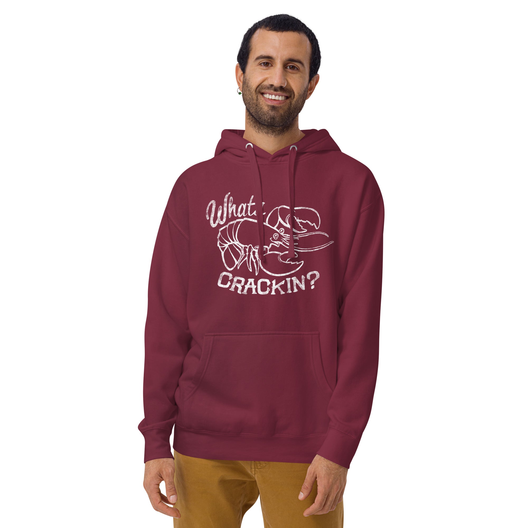 What's Crackin Funny Classic Pullover Hoodie | Vintage Crawfish Fleece On Model | Solid Threads