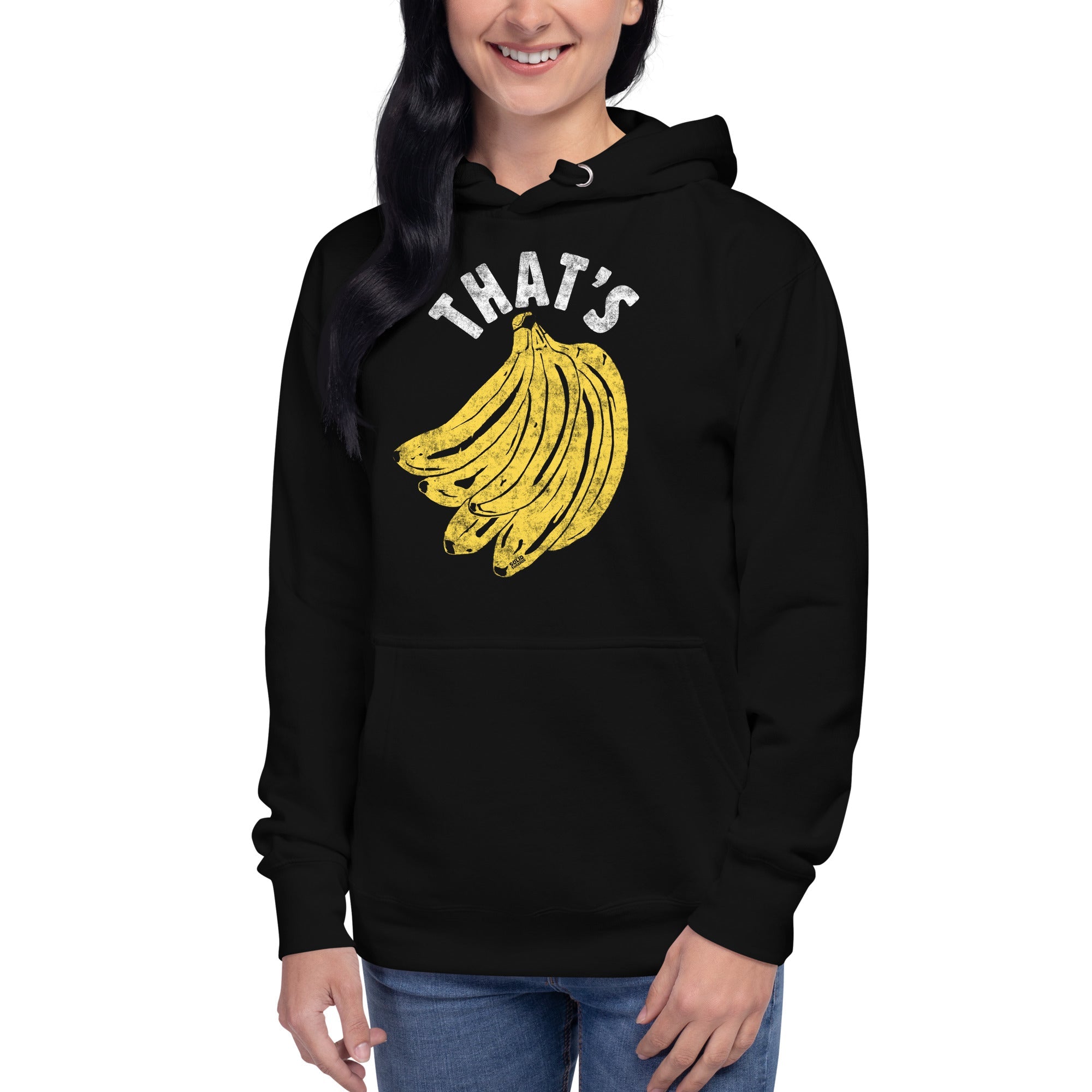 That's Bananas Vintage Classic Pullover Hoodie | Funny Fruit Fleece On Model | Solid Threads