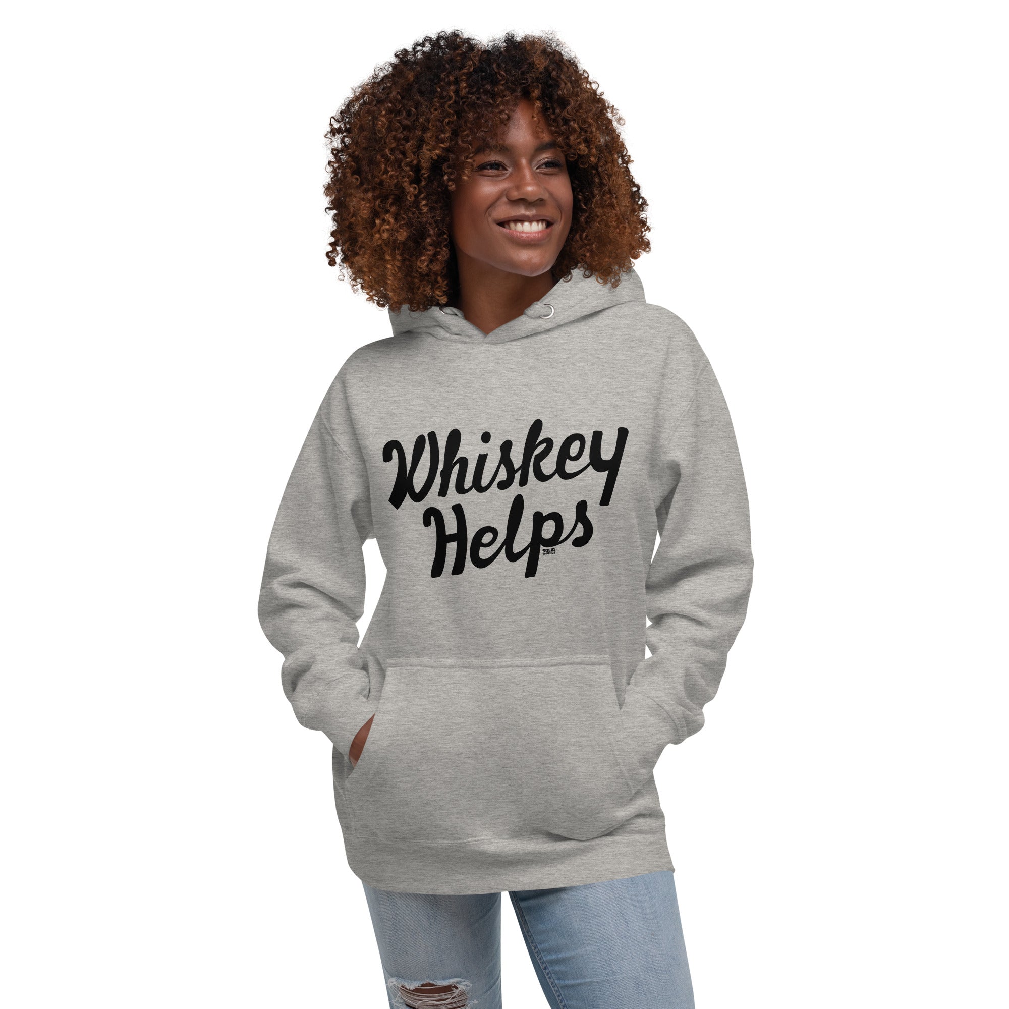 Whiskey Helps Cool Classic Pullover Hoodie | Funny Drinking Fleece On Model | Solid Threads