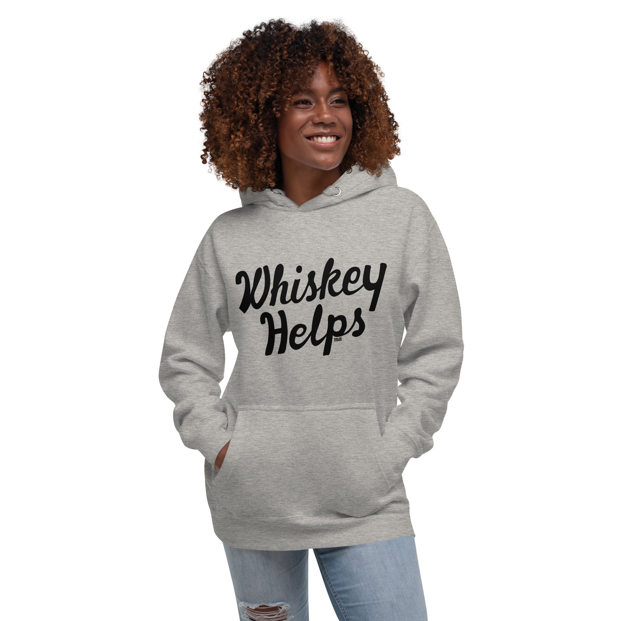 Unisex Whiskey Helps Cool Classic Pullover Hoodie | Funny Drinking Fleece On Model | Solid Threads