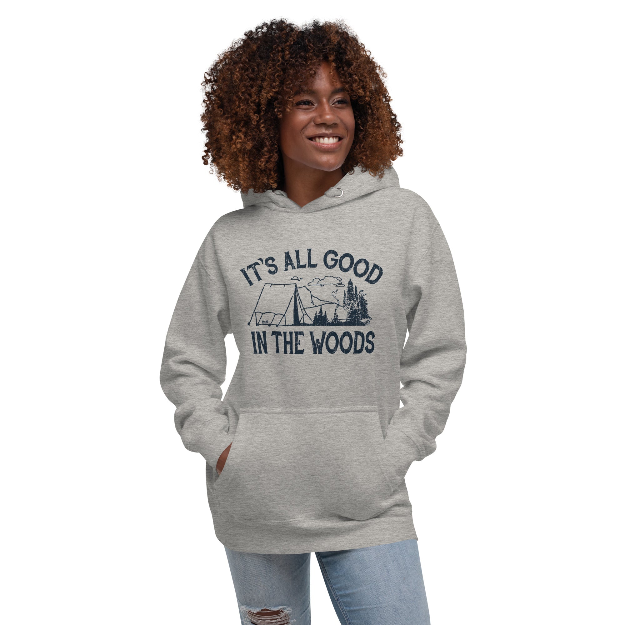 Unisex It's All Good In The Woods Vintage Classic Pullover Hoodie | Cool Camping Fleece On Model | Solid Threads