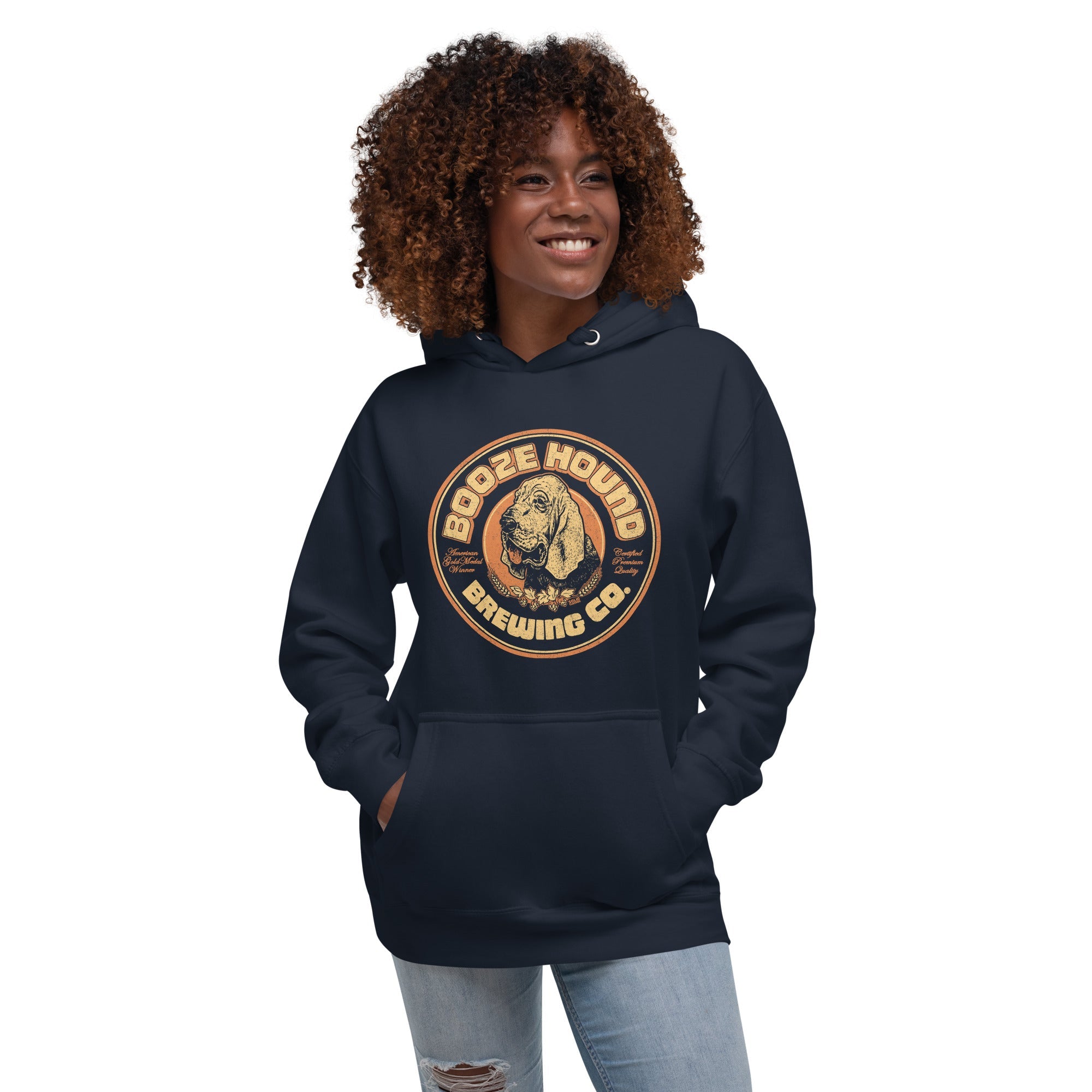 Boozehound Brewing Co. Vintage Classic Pullover Hoodie | Funny Drinking Fleece on Model | Solid Threads