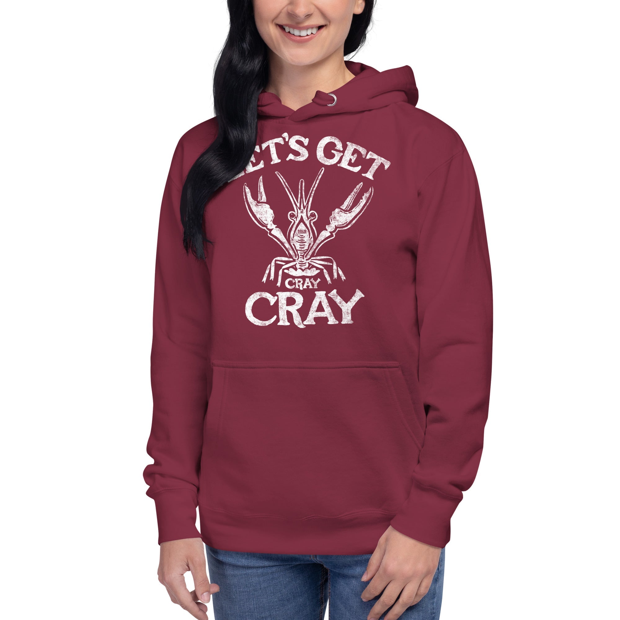 Unisex Let's Get Cray Cray Funny Classic Pullover Hoodie | Vintage Seafood Fleece On Model | Solid Threads