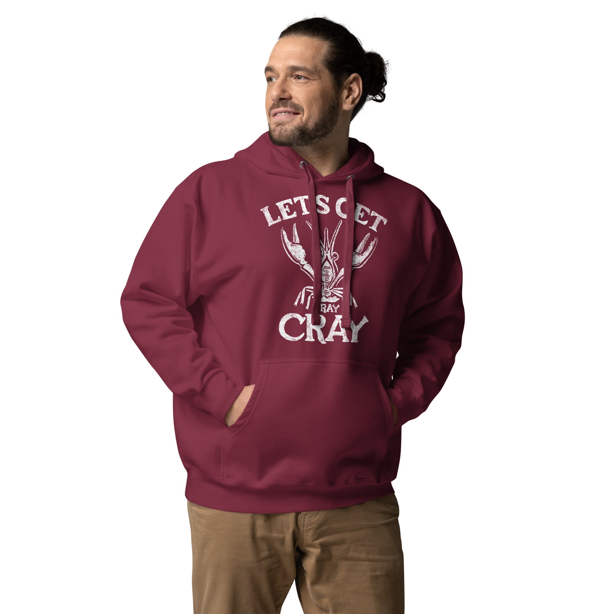 Unisex Let's Get Cray Cray Funny Classic Pullover Hoodie | Vintage Seafood Fleece On Model | Solid Threads