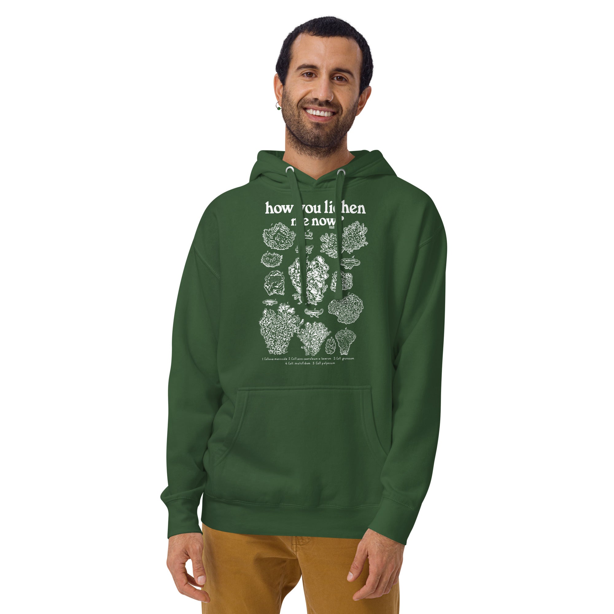 Unisex How You Lichen Me Now Funny Classic Pullover Hoodie | Retro Nature Fleece On Model | Solid Threads