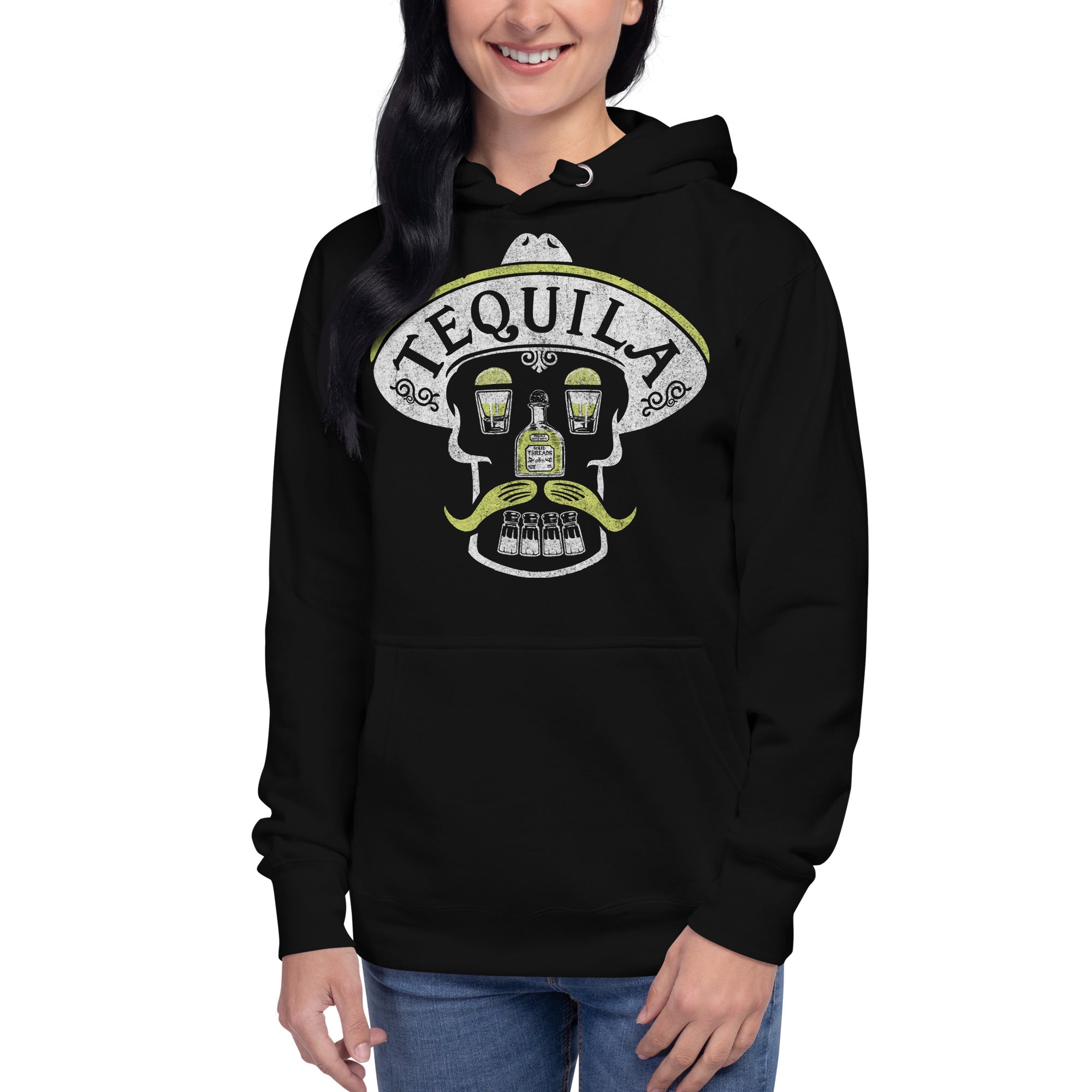 Unisex Tequila Skull Vintage Classic Pullover Hoodie | Cool Drinking Fleece On Model | Solid Threads