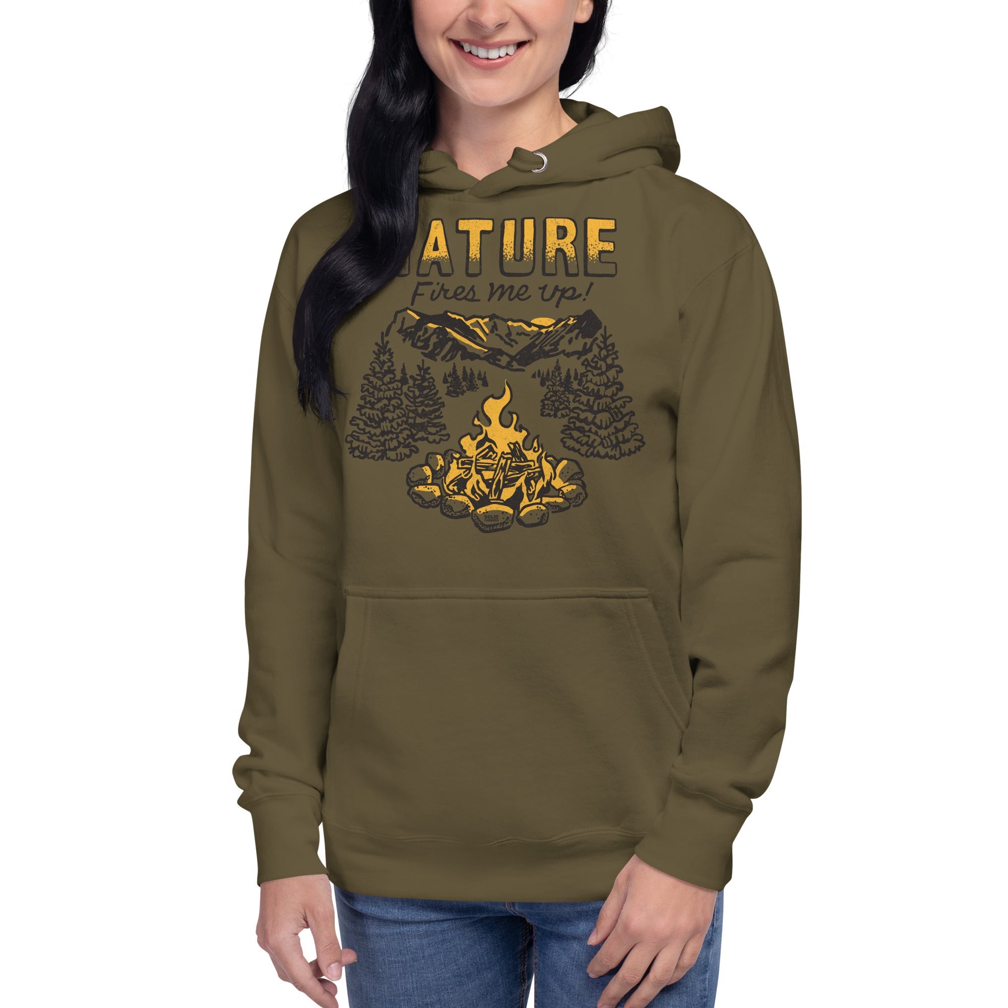 Unisex Nature Fires Me Up Vintage Classic Pullover Hoodie | Funny Camping Fleece On Model | Solid Threads