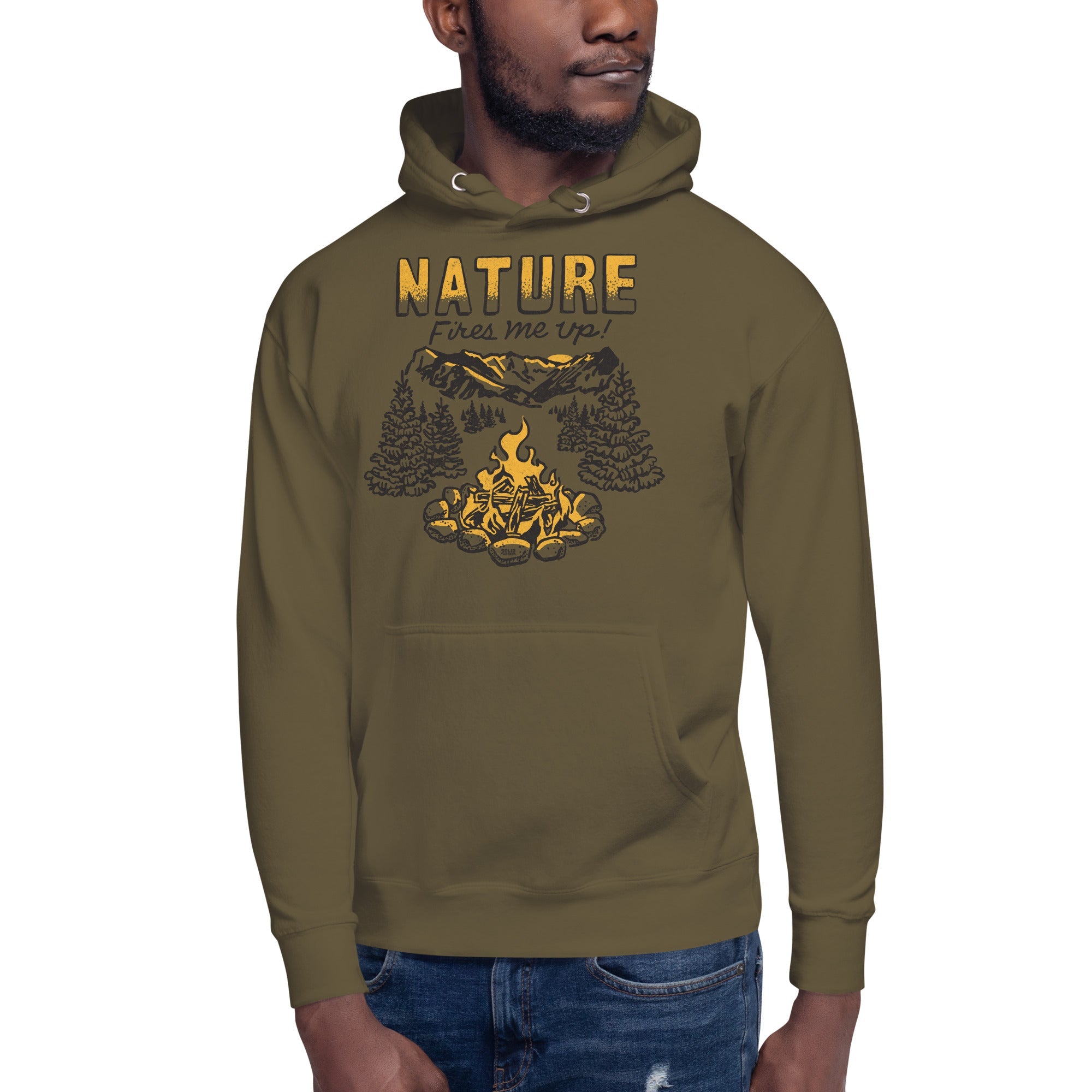 Unisex Nature Fires Me Up Vintage Classic Pullover Hoodie | Funny Camping Fleece On Model | Solid Threads