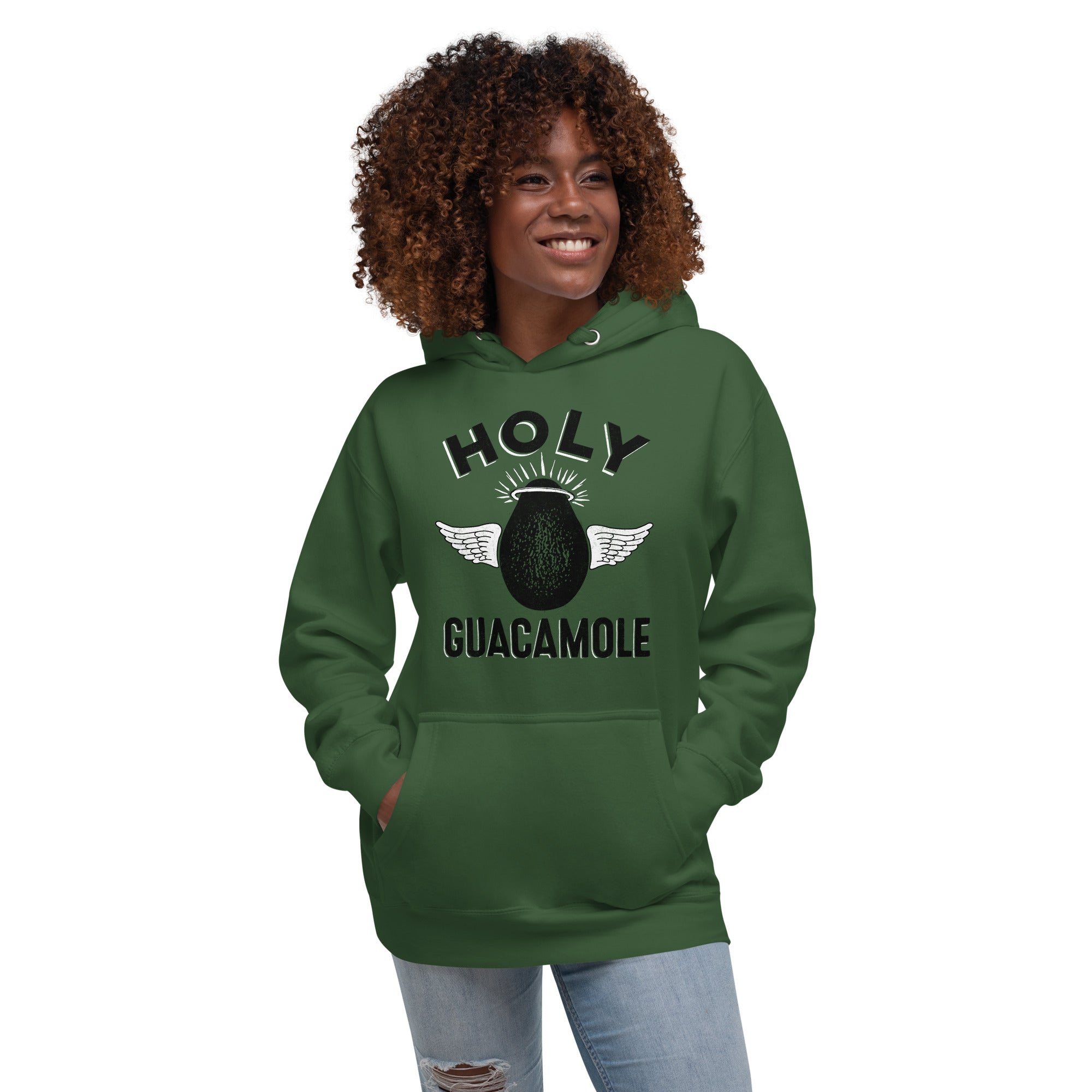 Holy Guacamole Vintage Classic Pullover Hoodie | Funny Avocado Fleece On Model | Solid Threads