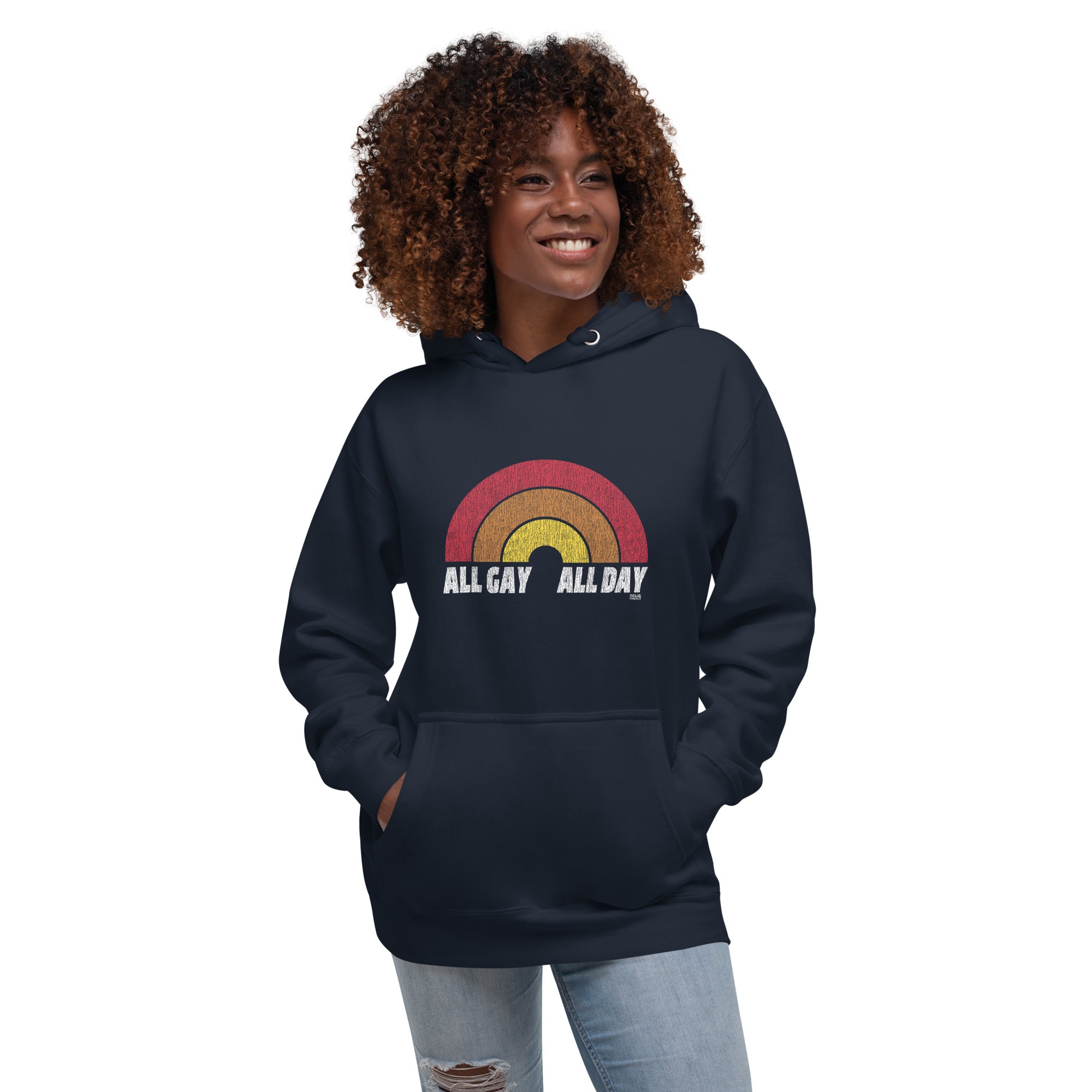 All Gay All Day Vintage Classic Pullover Hoodie | Retro Pride Fleece on Model | Solid Threads