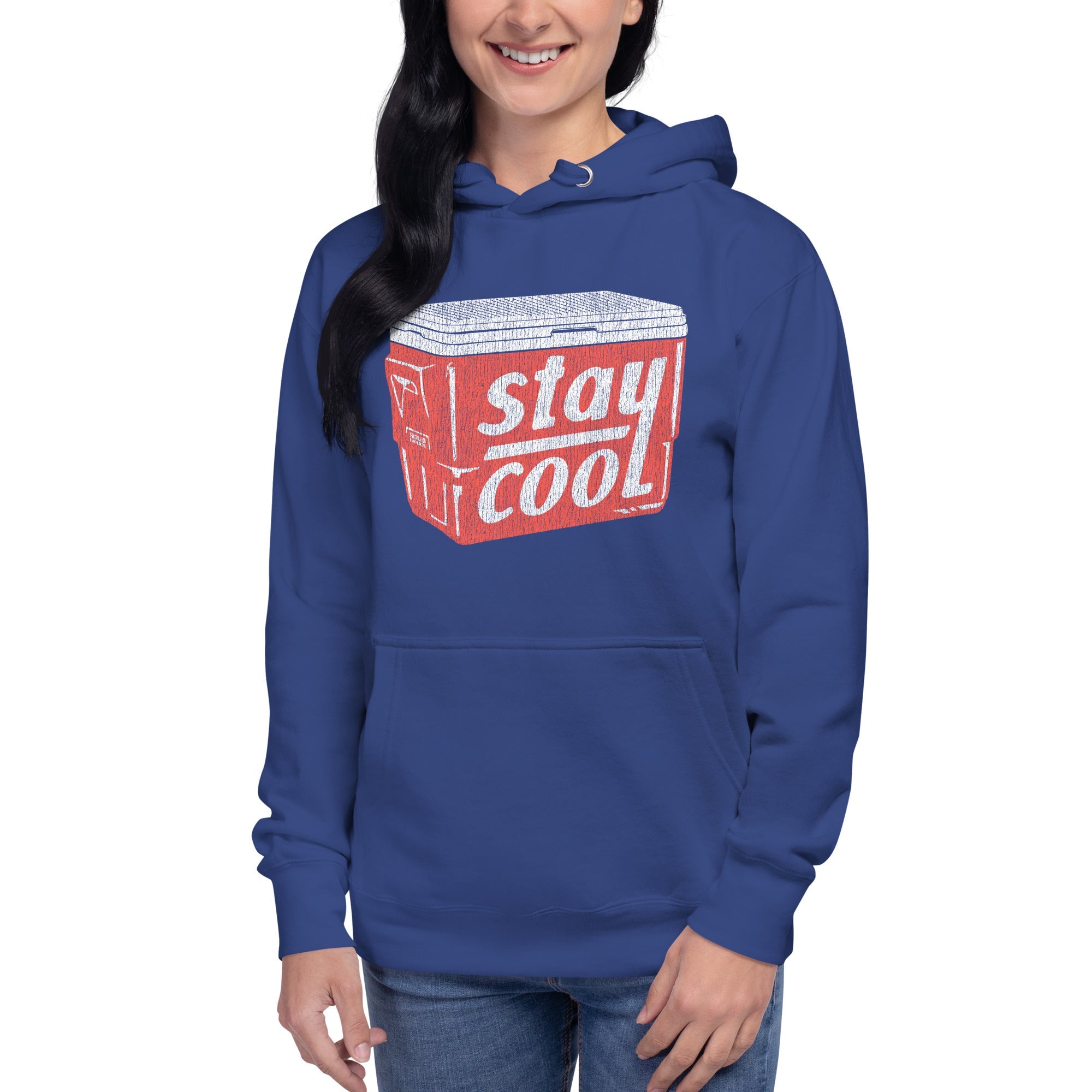 Unisex Stay Cool Vintage Classic Pullover Hoodie | Retro Summer Drinking Fleece On Model | Solid Threads