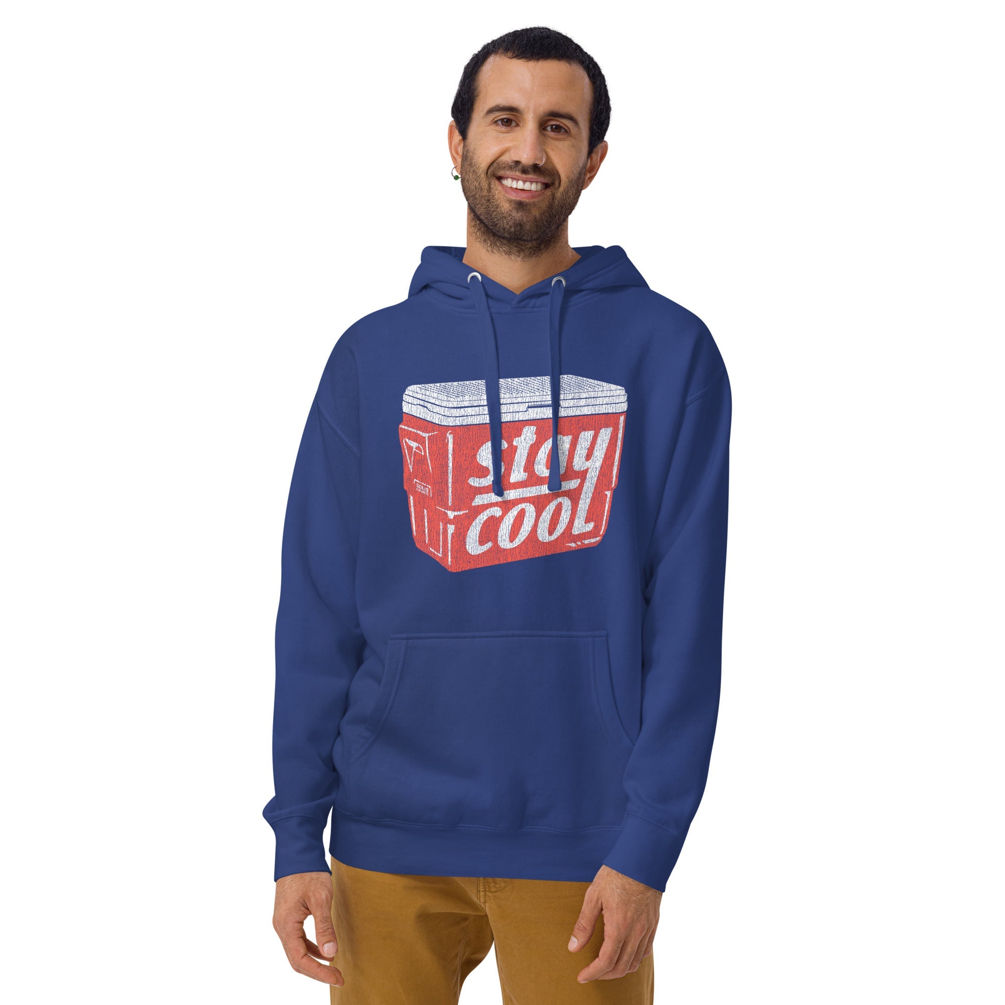 Unisex Stay Cool Vintage Classic Pullover Hoodie | Retro Summer Drinking Fleece On Model | Solid Threads