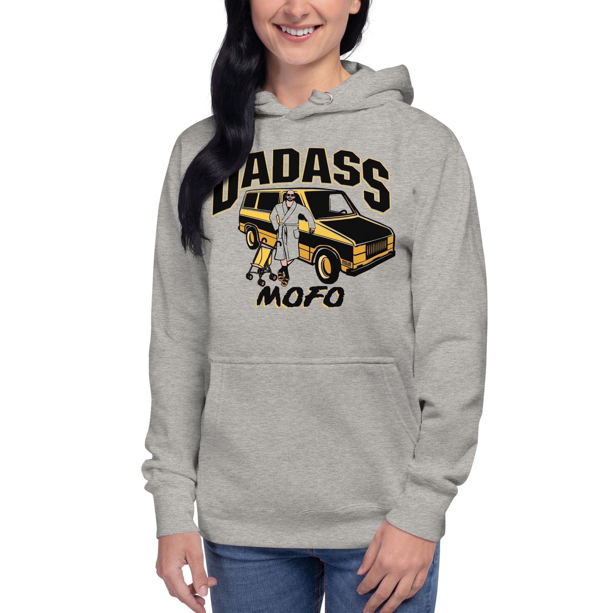 Unisex Dadass Vintage Classic Pullover Hoodie | Funny Parenting Fleece On Model | Solid Threads