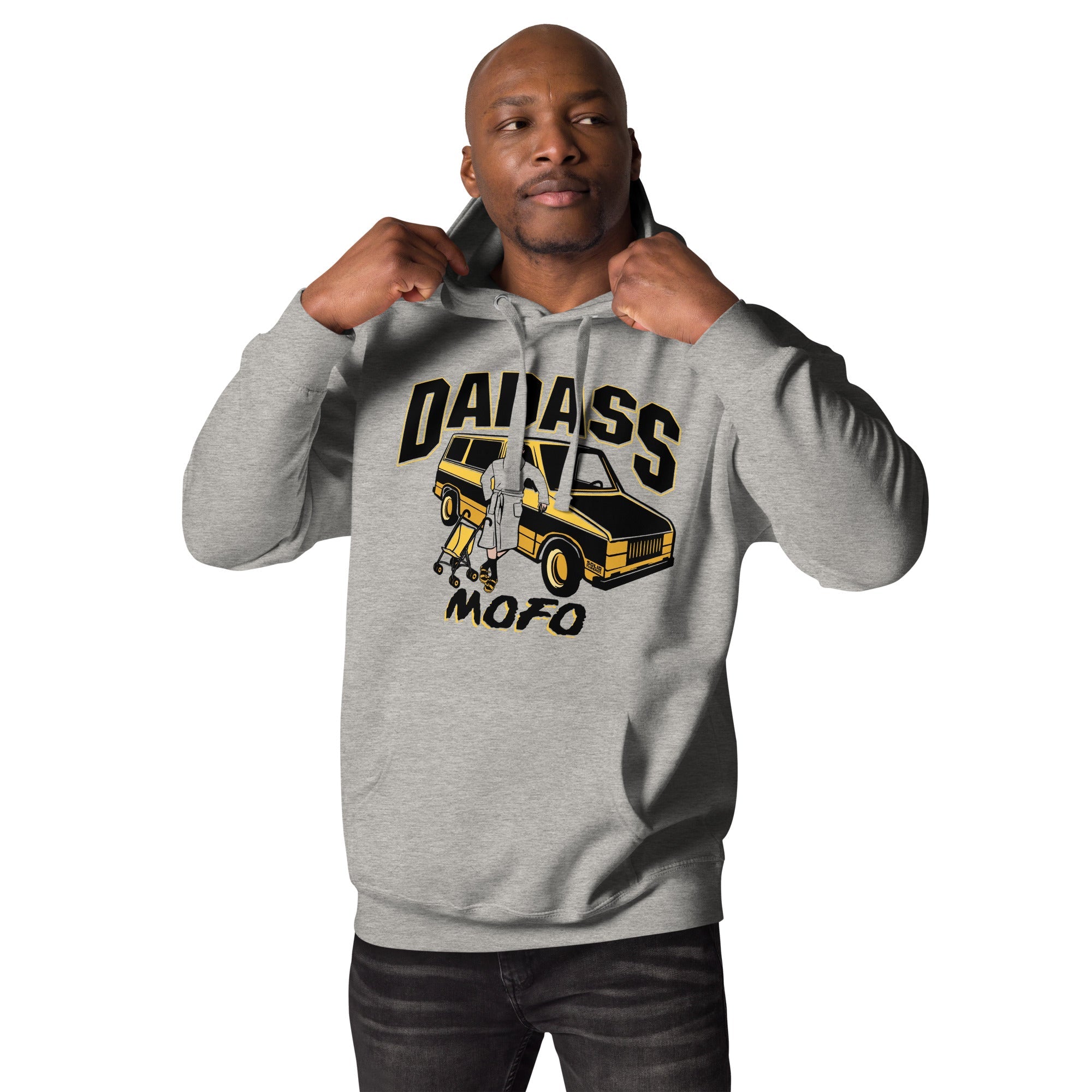 Unisex Dadass Vintage Classic Pullover Hoodie | Funny Parenting Fleece On Model | Solid Threads