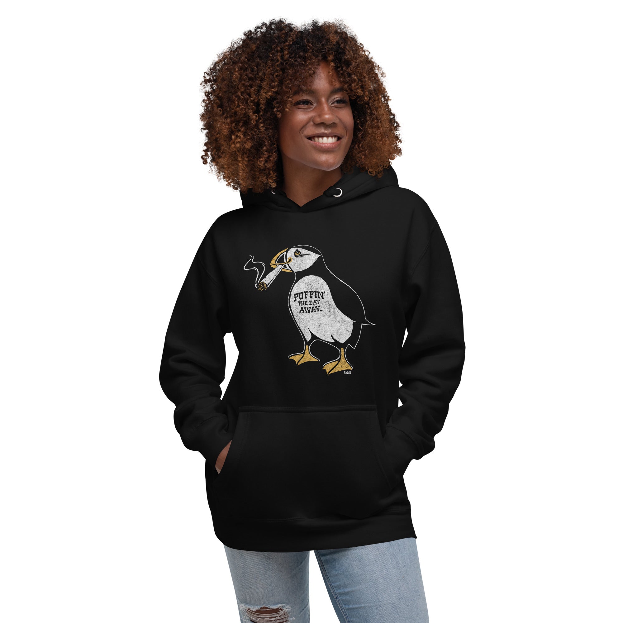 Unisex Puffin Away Vintage Classic Pullover Hoodie | Funny Marijuana Fleece On Model | Solid Threads