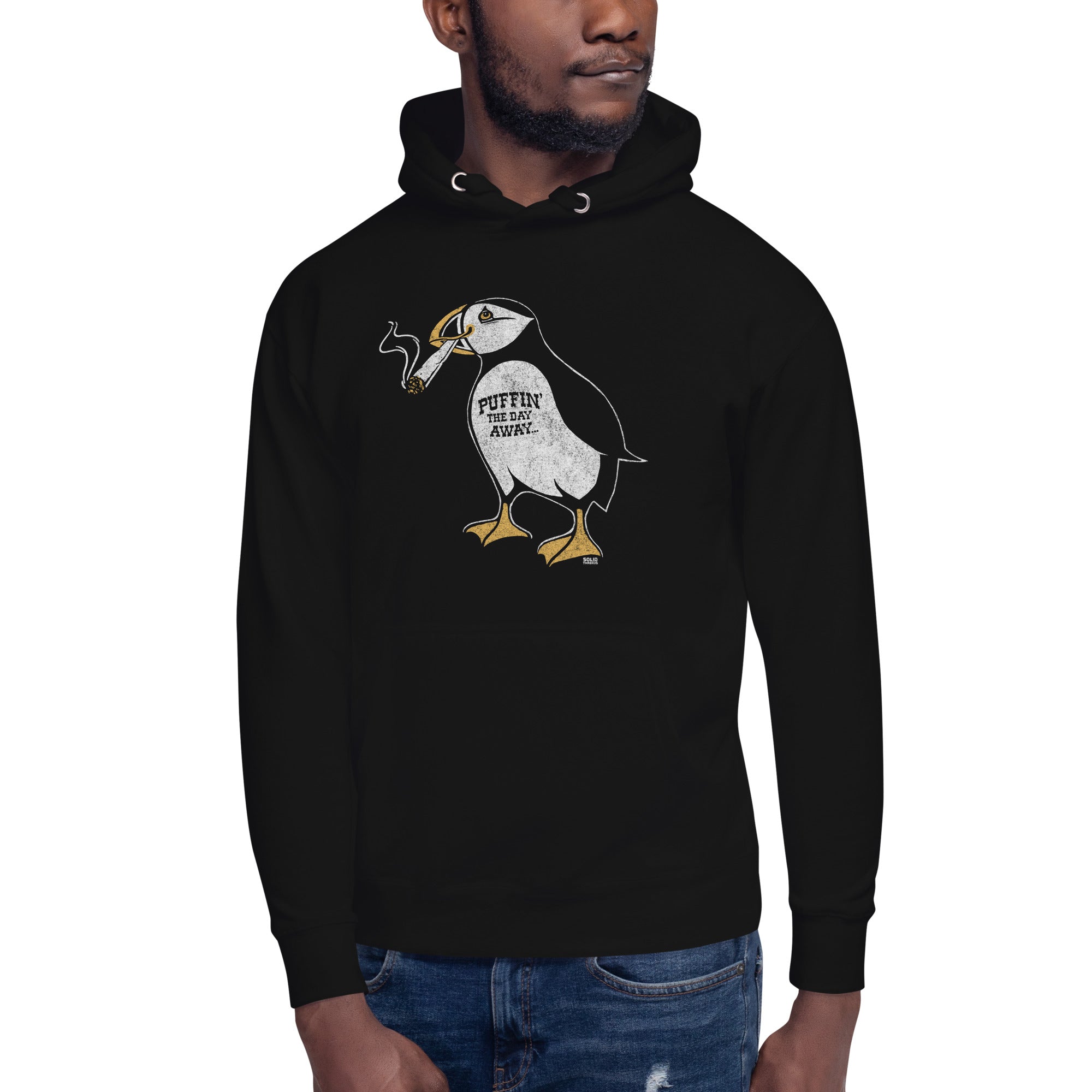 Unisex Puffin Away Vintage Classic Pullover Hoodie | Funny Marijuana Fleece On Model | Solid Threads