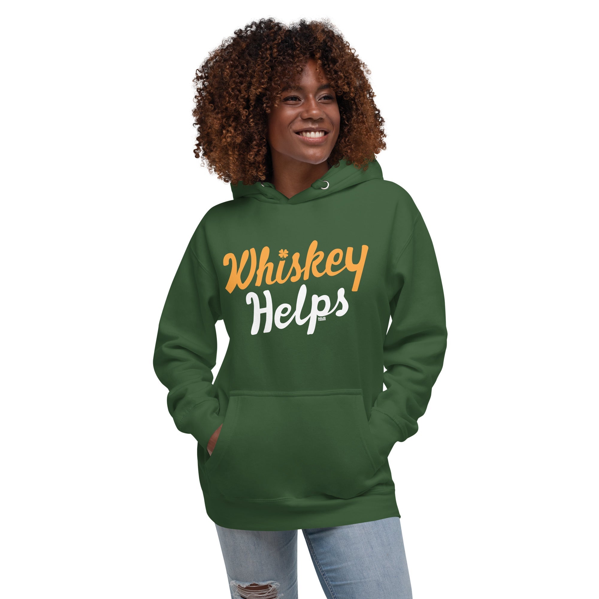 Unisex Irish Whiskey Helps Funny Classic Pullover Hoodie | Vintage St Paddy'S Fleece On Model | Solid Threads