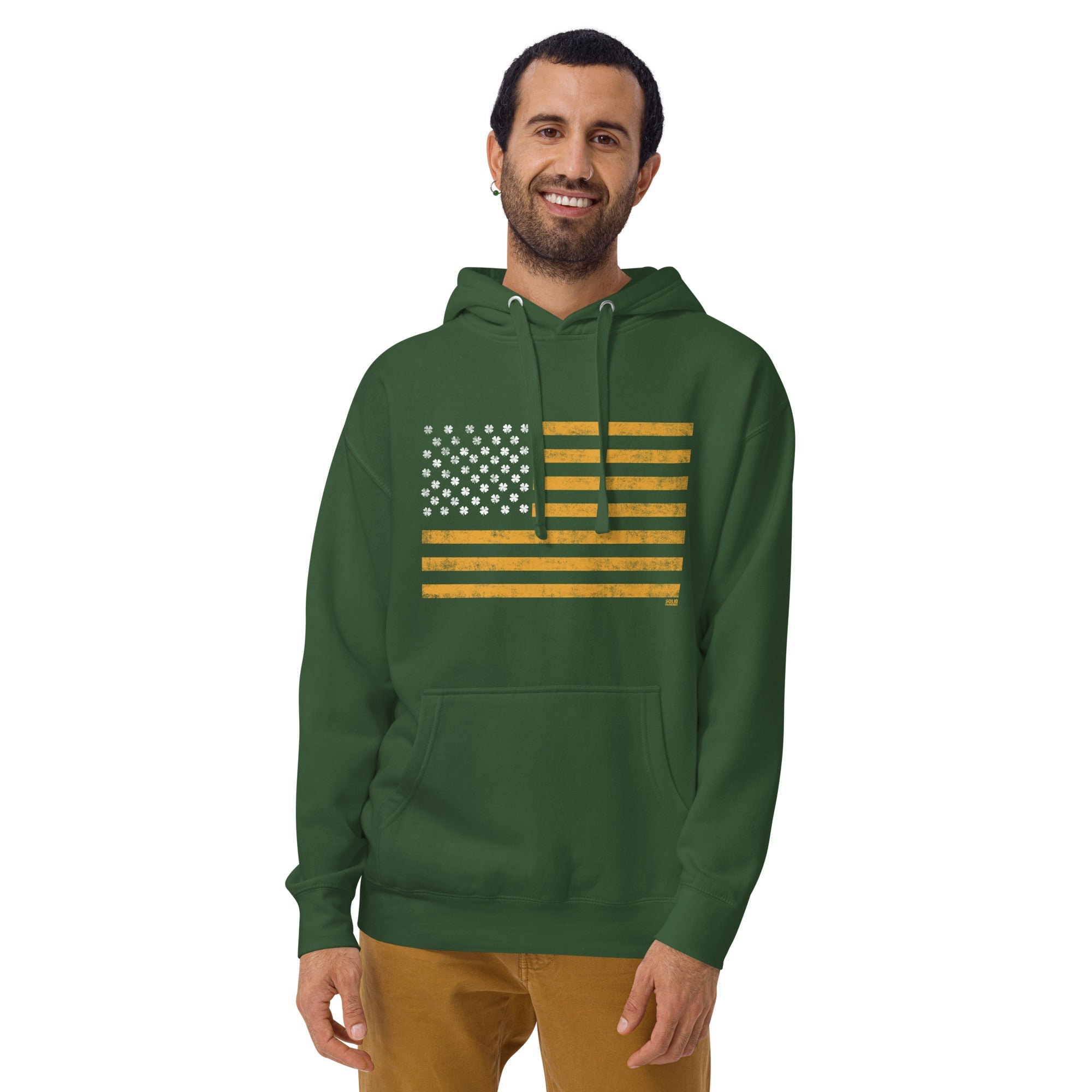 Irish American Vintage Classic Pullover Hoodie | Cool St Paddy'S Fleece On Model | Solid Threads