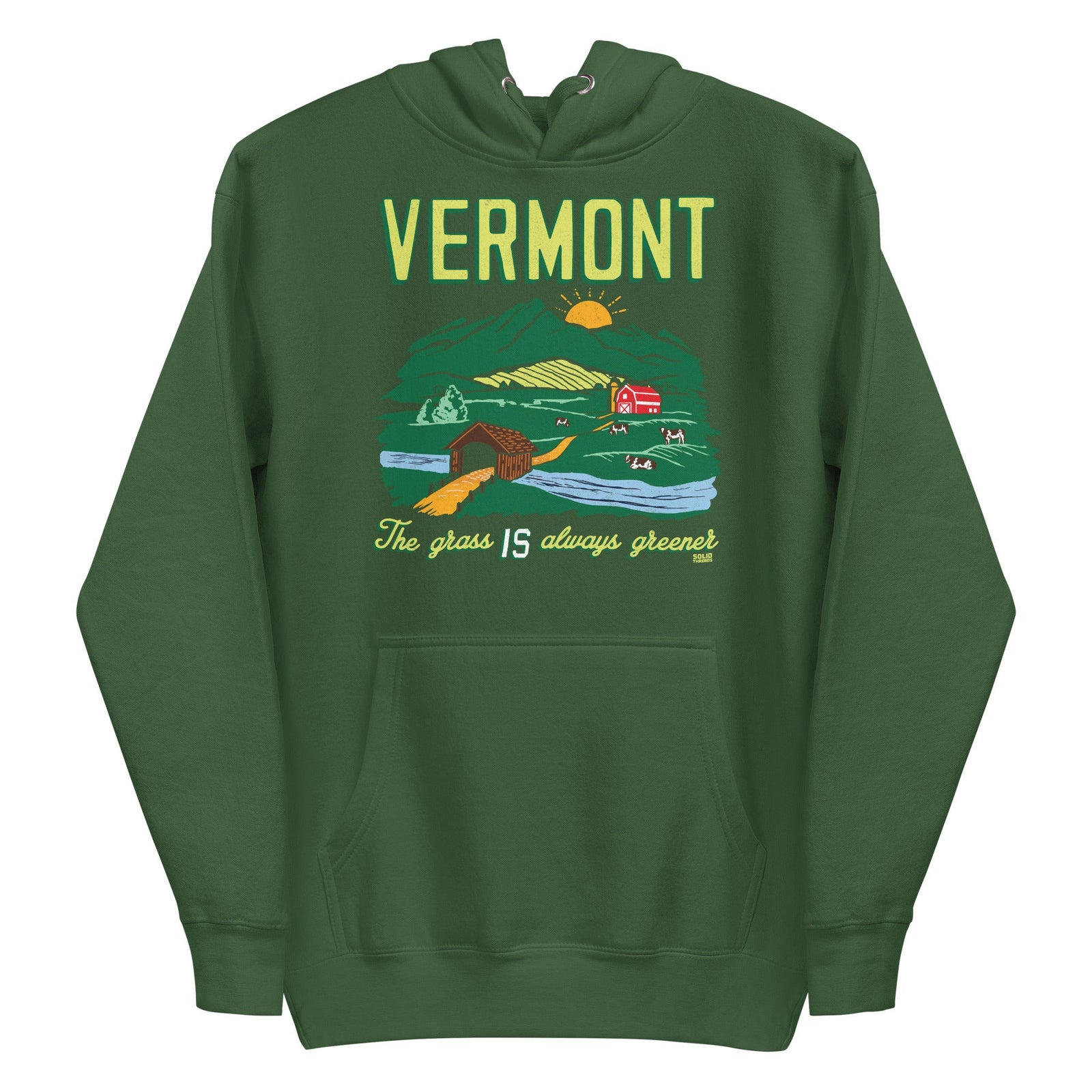 Unisex Vermont The Grass Is Always Greener Cool Classic Pullover Hoodie | Vintage Green Mountains Fleece | Solid Threads