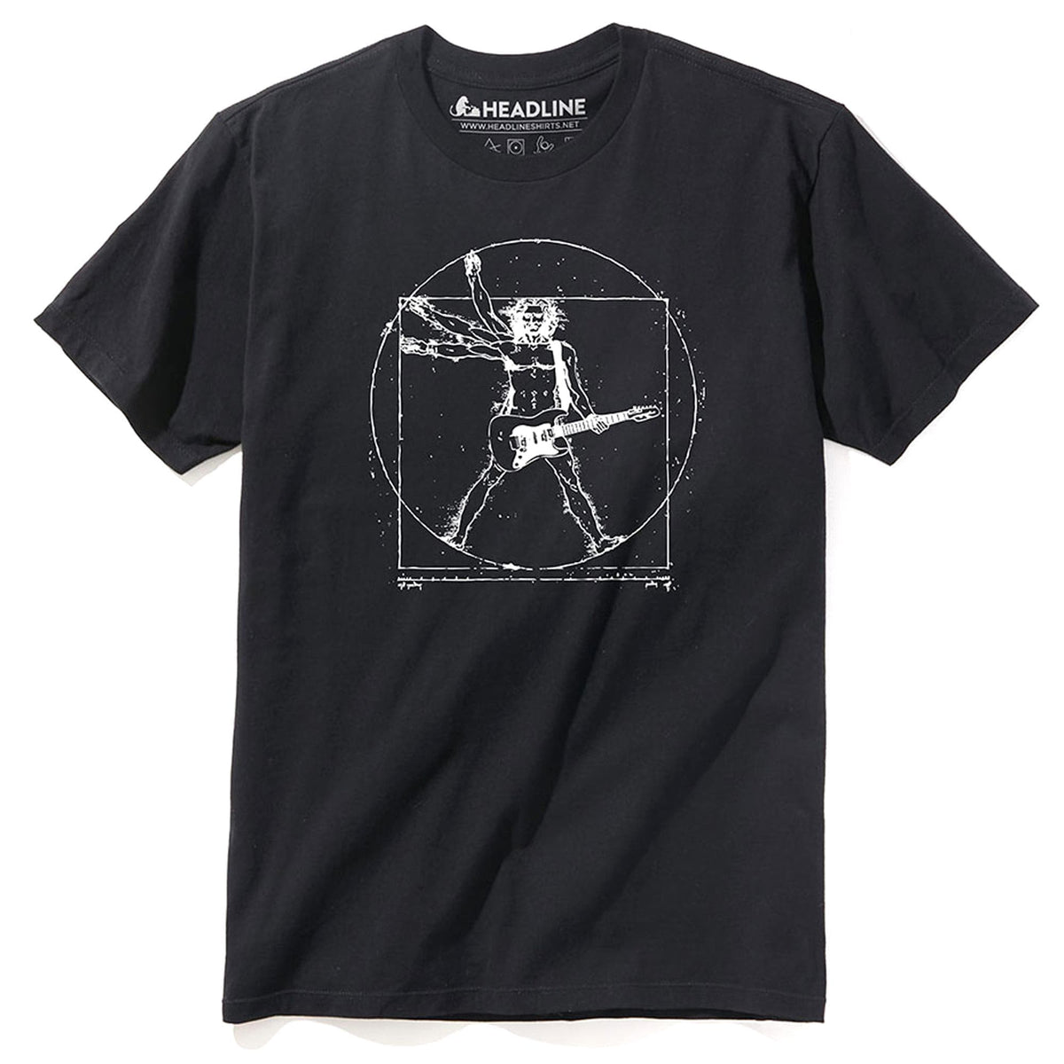 Men&#39;s Da Vinci Rock Designer Graphic T-Shirt | Cool Guitar Vitruvian Windmill Tee | Solid Threads