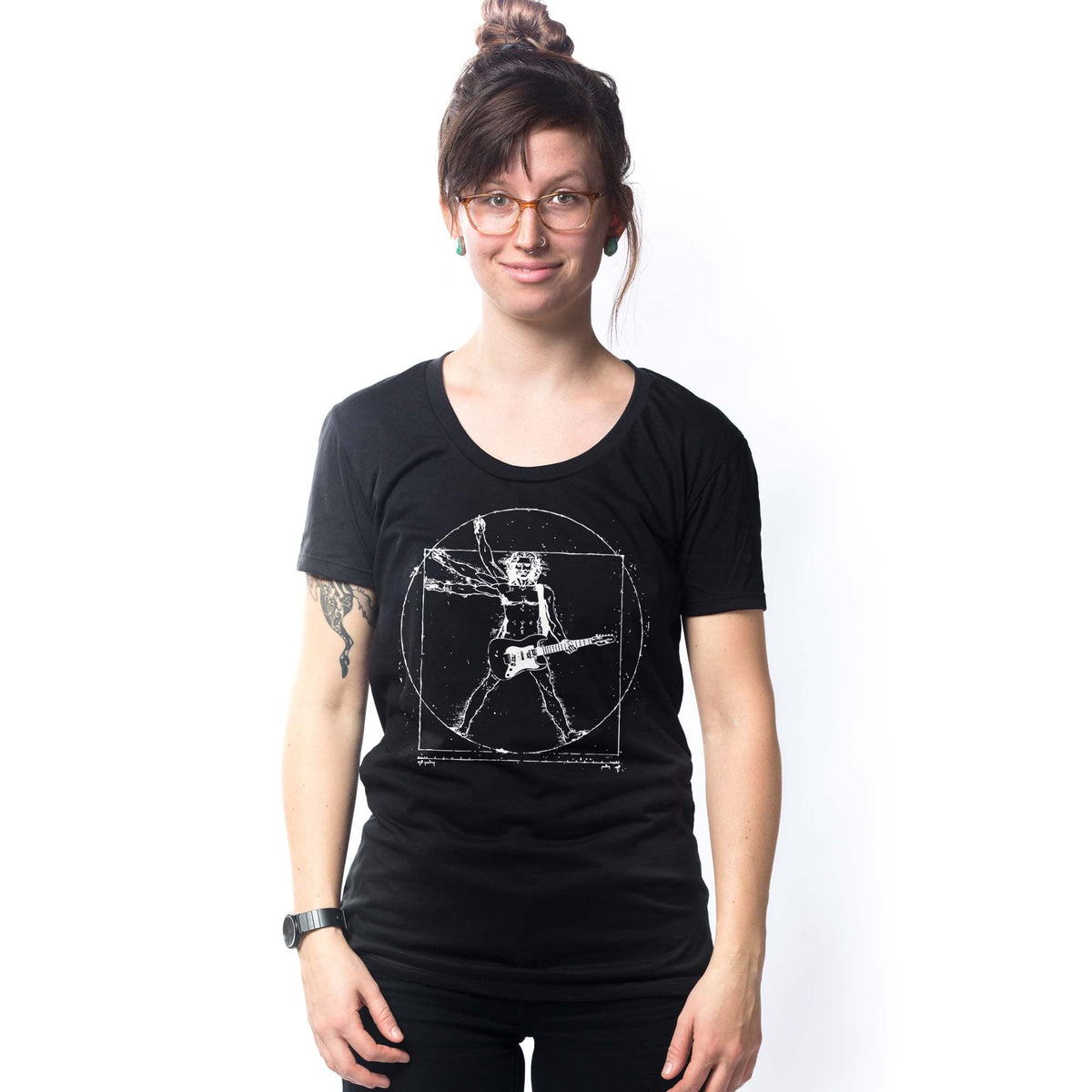 Women's Da Vinci Rock Man Graphic T-Shirt | Vintage Vitruvian Windmill Tee On Model | Solid Threads