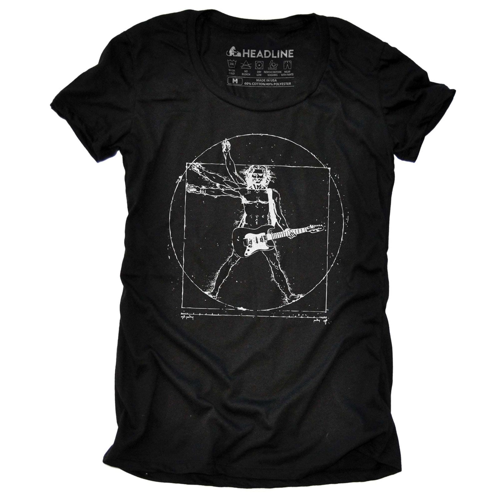 Women's Da Vinci Rock Designer Graphic T-Shirt | Cool Guitar Vitruvian Windmill Tee | Solid Threads