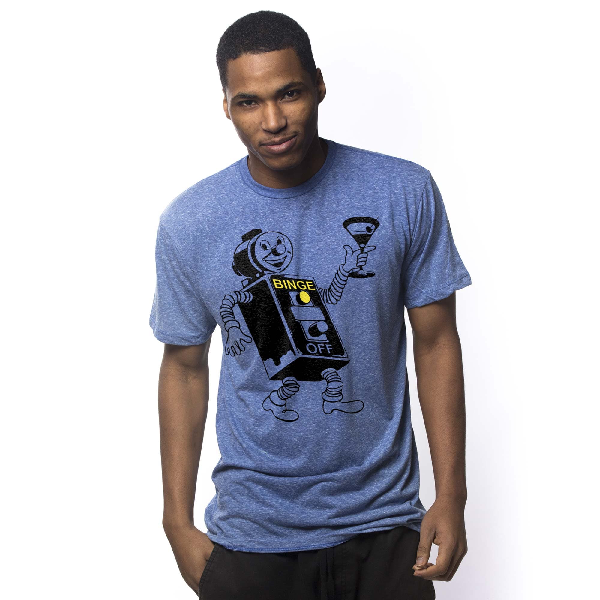 Men's Binge Bot Funny Graphic T-Shirt | Vintage Party Robot  Tee On Model | Solid Threads