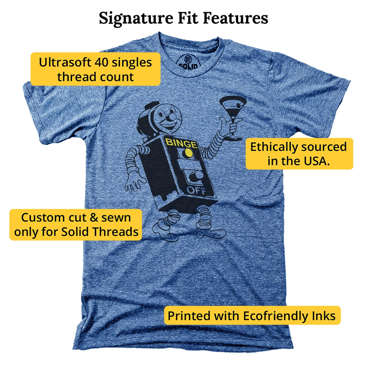 Binge Bot Funny Signature T-shirt in Triblend Royal - Fit Attributes