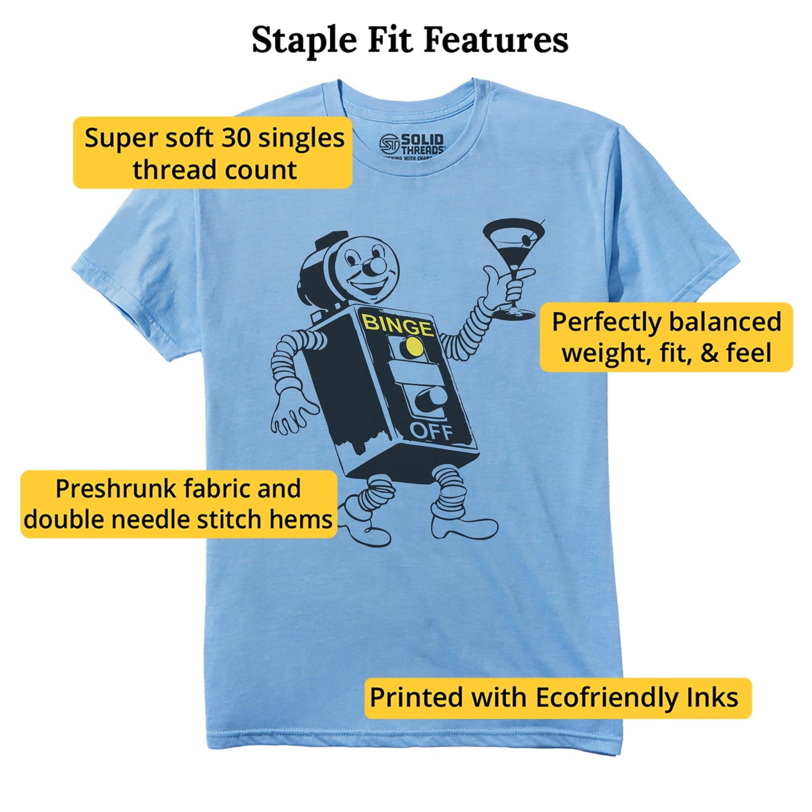 Binge Bot Funny Staple T-shirt in Light Blue Heather - Fit Attributes